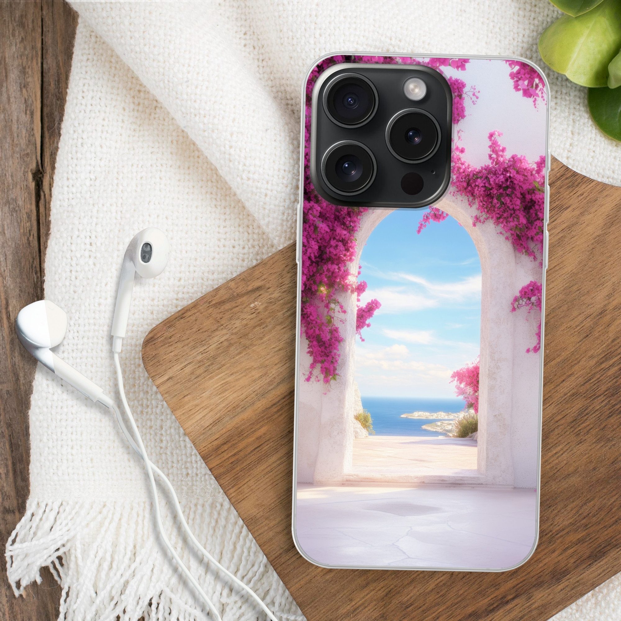MuchoWow Handyhülle für Apple iPhone 15 Pro Meer - Rosa - Blumen - Tor, Smartphone-Bumper, Print, Handy Schutzhülle Dünn