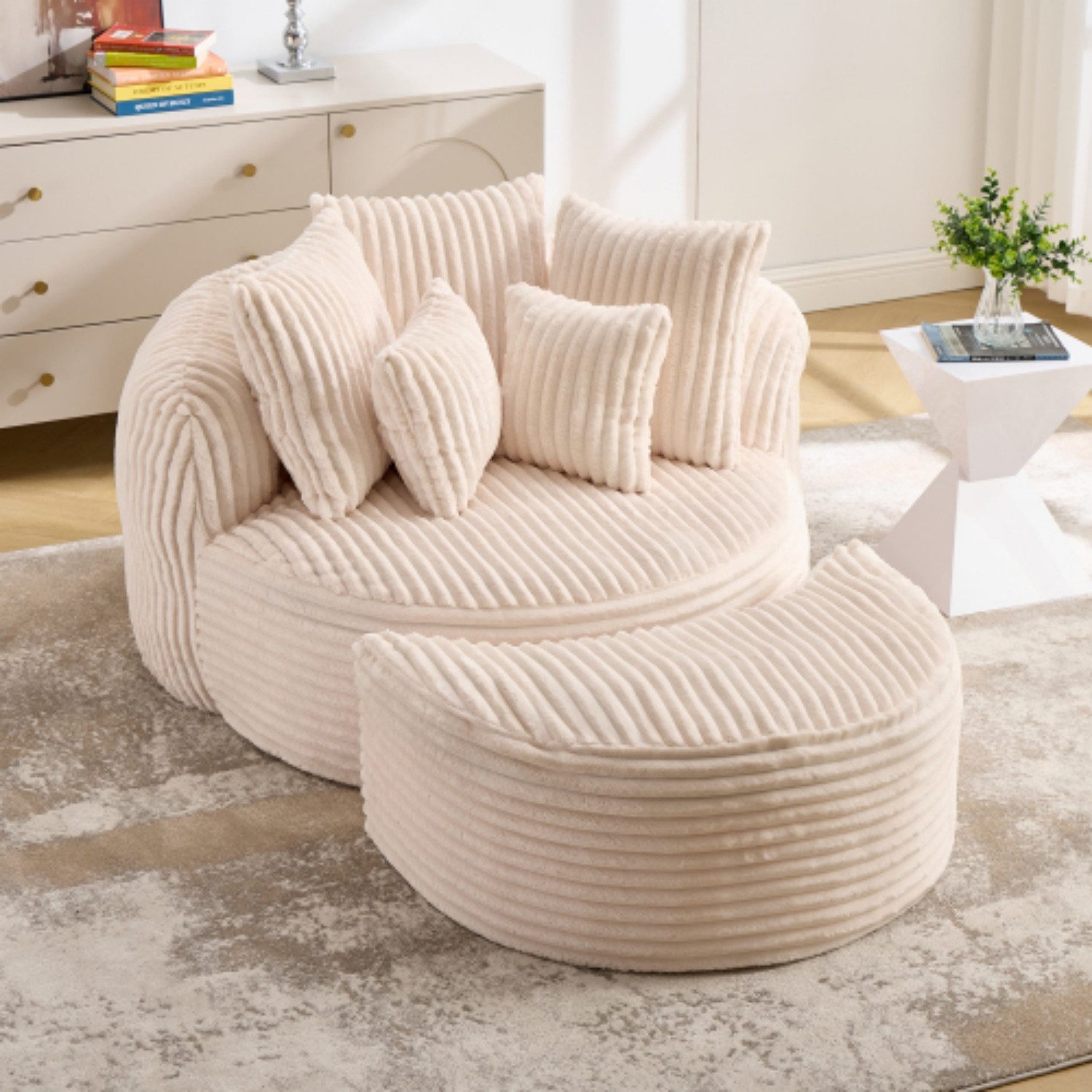 ANYSUN XXL-Sessel Rundsessel mit Hocker, 123×97×63 cm, Chenille, mit Rückenkissen (1 Rundsessel + 1 Hocker + 5 Zierkissen), Für Wohnzimmer, Schlafzimmer & Leseecke, montagefrei, 5 Zierkissen