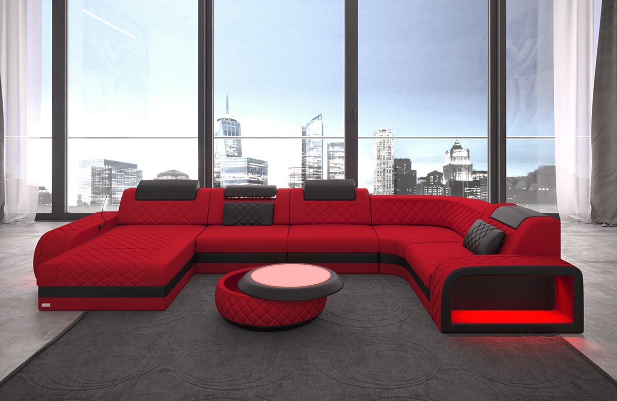 Sofa Rot-Schwarz Form Couch Schlafsofa, Stoff C134 Designersofa LED, Dreams Bettfunktion Stoffsofa, U mit Sofa Wohnlandschaft als Polster mit wahlweise Berlin