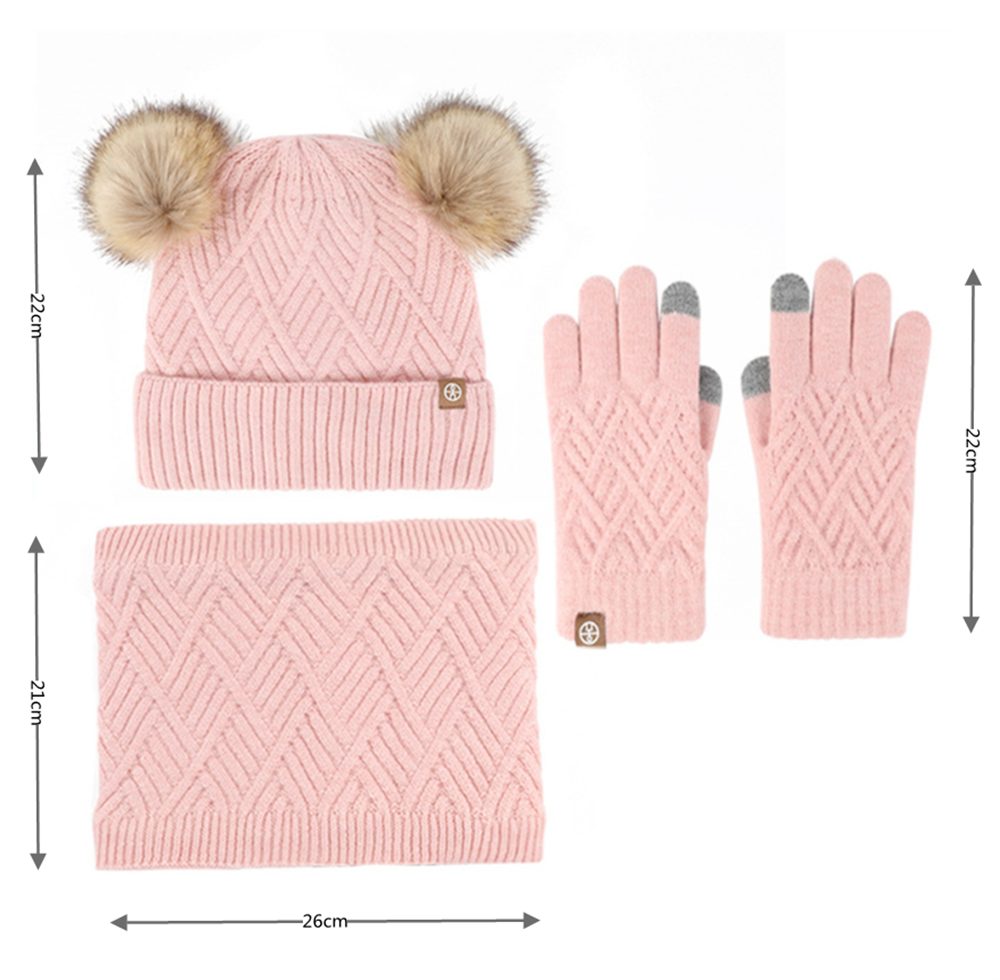 LYDMN Mütze rosa Kinder Warmes für Wintermütze, dreiteiliges & Handschuhe und Lätzchen, Handschuhe) Kinder (Mütze, Schal Schal Set für