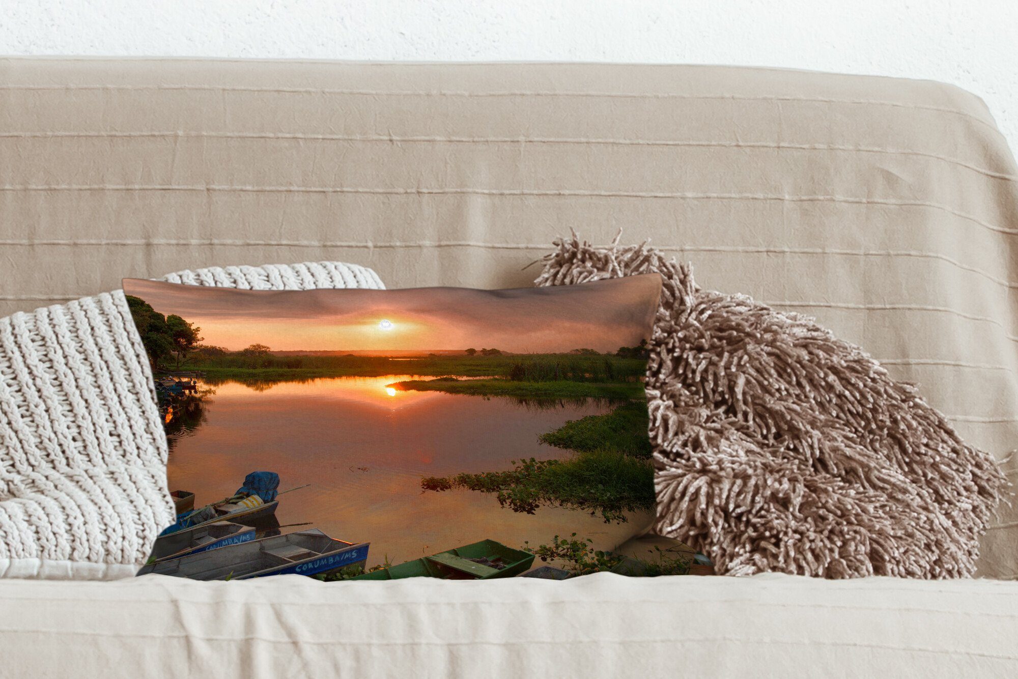 Pantanal, Schlafzimmer Dekoration, Dekokissen Füllung, mit am Zierkissen, Wohzimmer Wasser Sonnenuntergang MuchoWow Dekokissen im