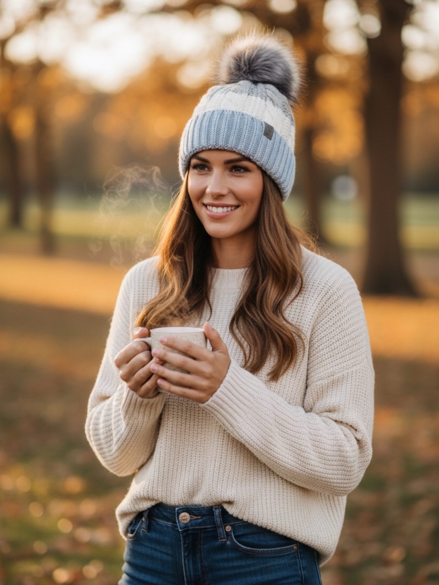 Taschen4life Bommelmütze Mütze mit großem Bommel AZ2342PC (unisex) Strickmütze im Grobstrick mit Zopfmuster, warm gefüttert