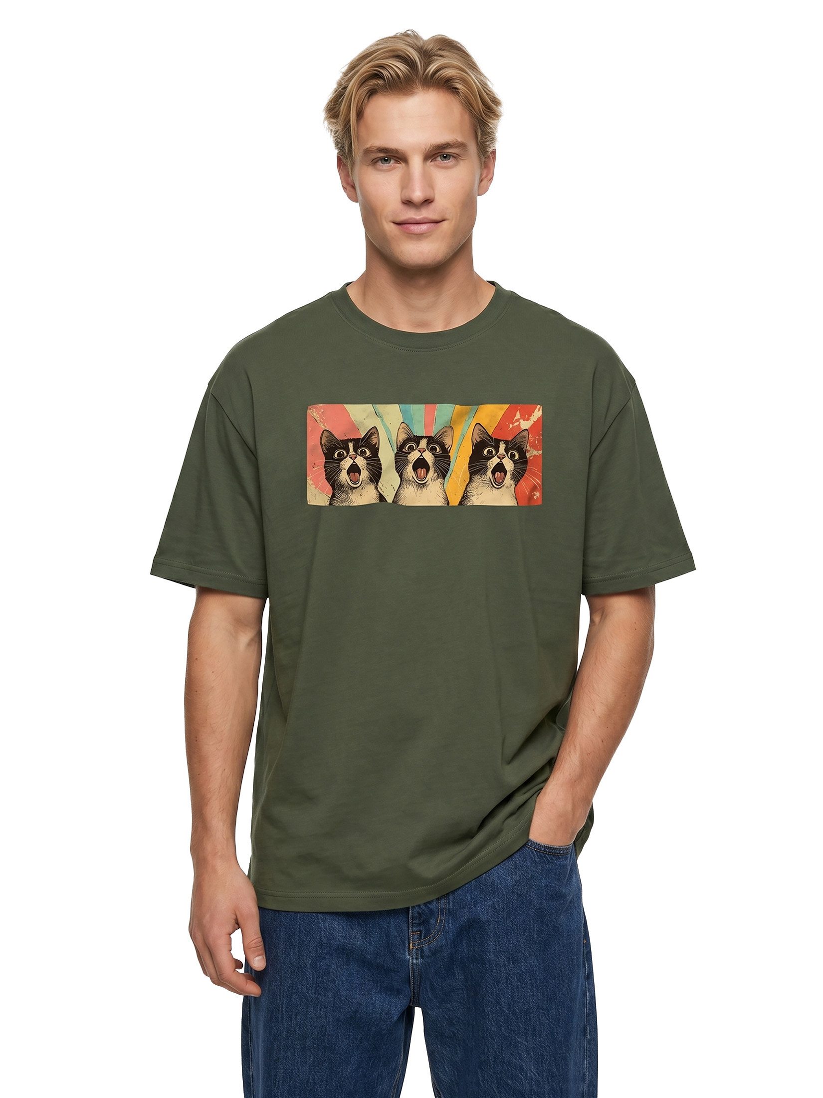 MAKAYA T-Shirt Printshirt für Männer mit lustiger Katze – Retro Vintage Design (Schwarz, Blau, Grün, Dunkelgrau, S, M, L, XL, XXL, 3XL, 4XL, 5XL) Baumwolle