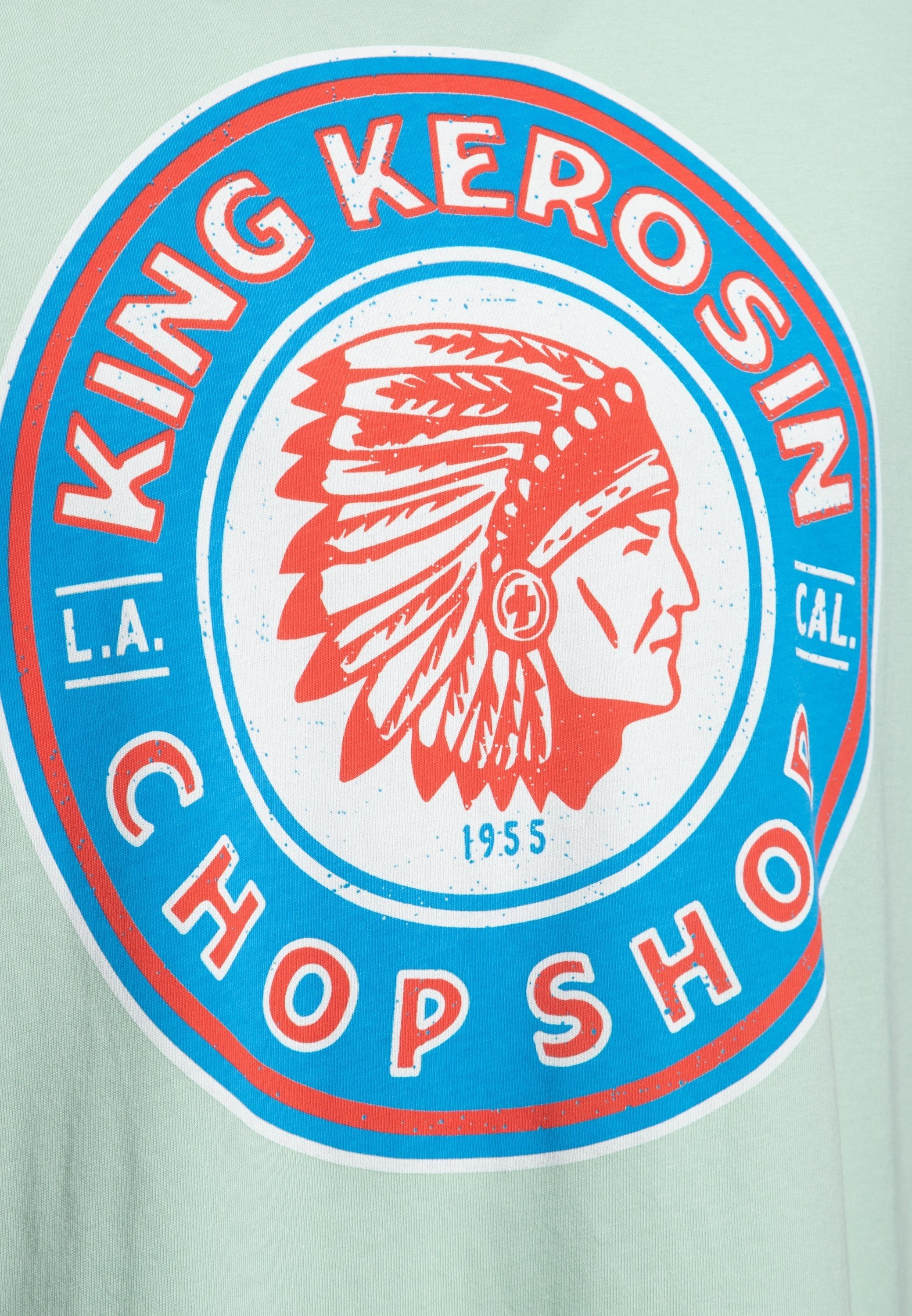 KingKerosin Print-Shirt Chop Shop Retro mit plaktivem grün Print (1-tlg) Front