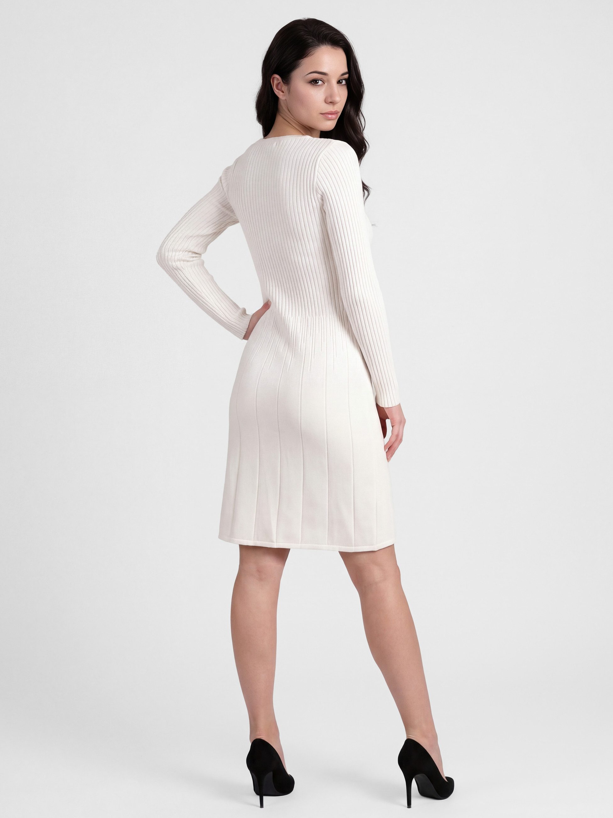 PEKIVESSA Strickkleid Kurzes Ripp-Strickkleid tailliert mit feminin tiefem V-Ausschnitt