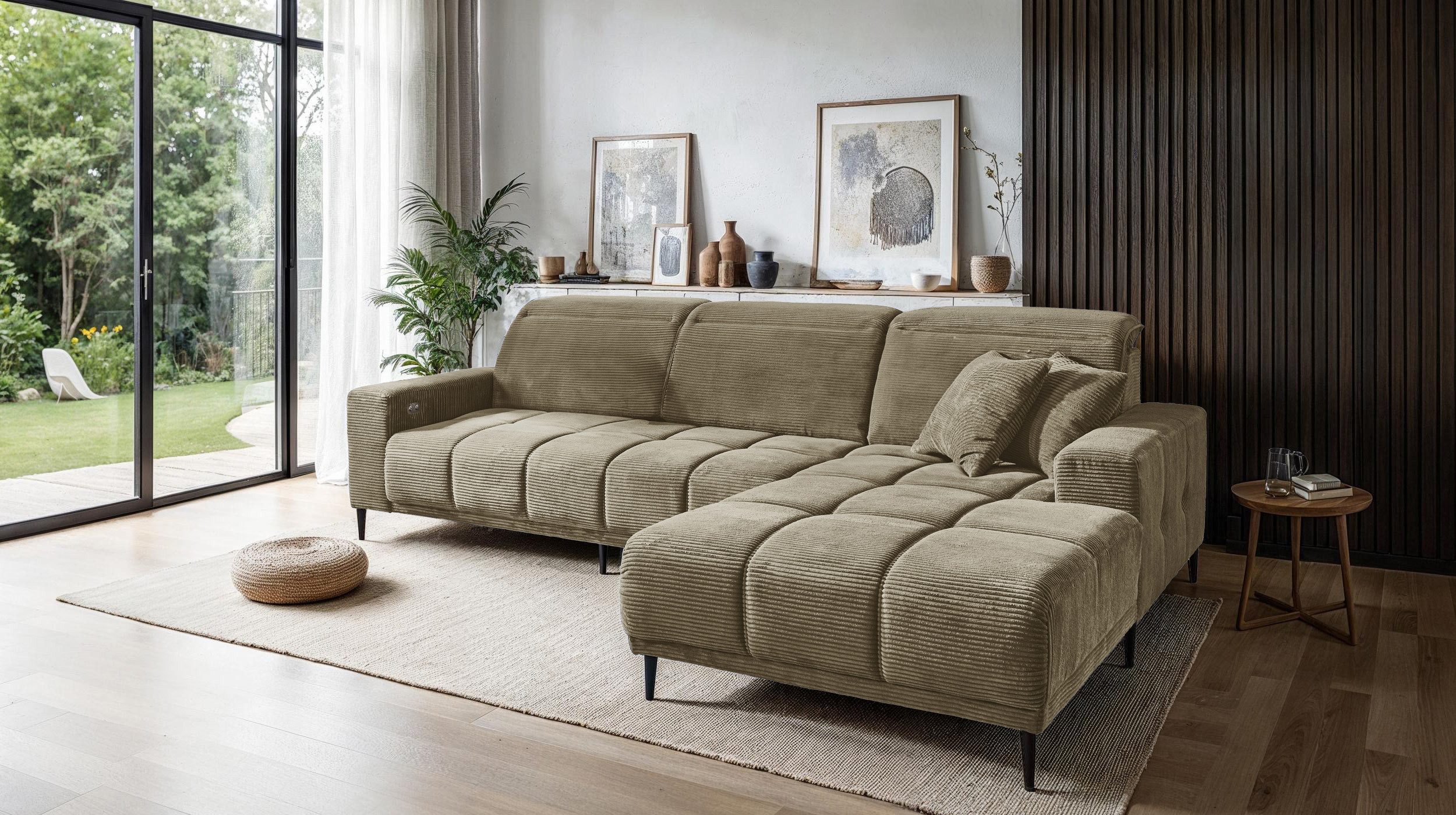 Massivart® Ecksofa Cord 286 cm / Cordsofa / elektrische Sitztiefenverstellung / MARISOL, Kopfteilverstellung / Sitztiefenverstellung / Nosagunterfederung