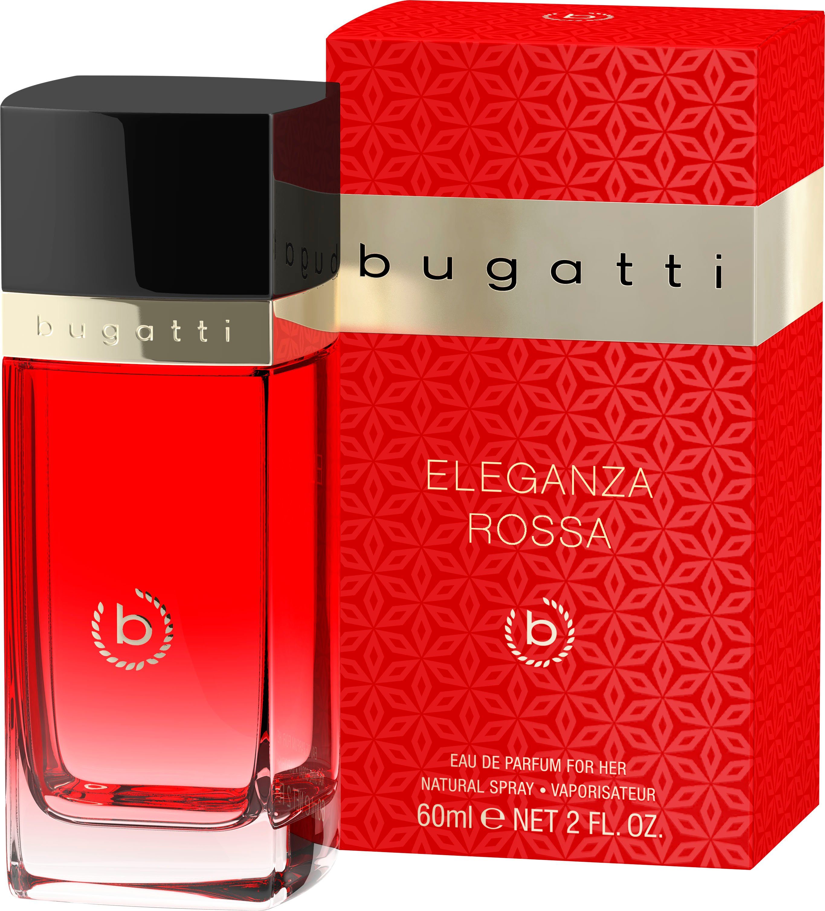 bugatti Eau de Parfum BUGATTI Eleganza Rossa for her EdP 60 ml, Charmanter Damenduft mit fruchtigen und pudrigen Noten.