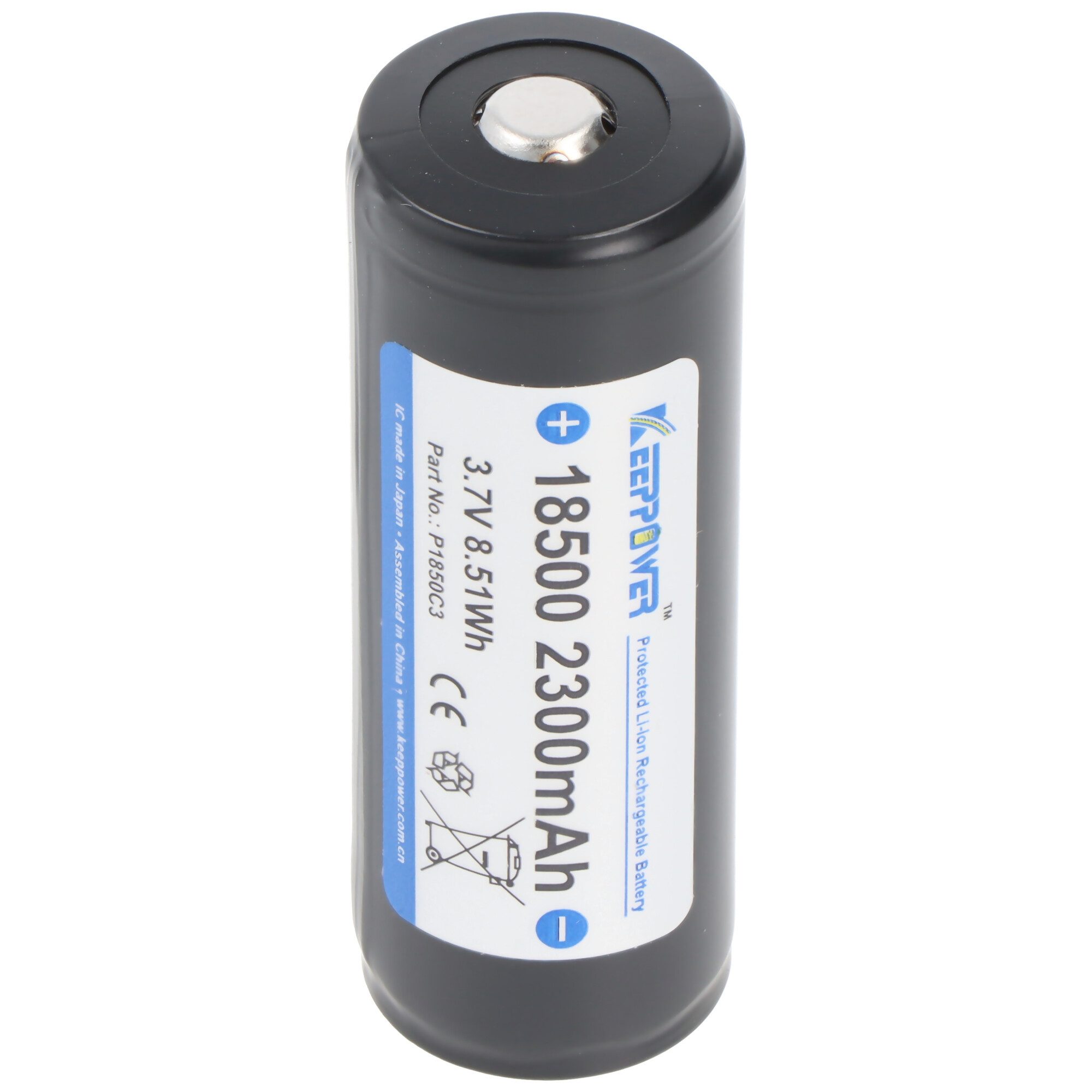 Keeppower Li-ion Akku 18500 mit 2300mAh 3,6V - 3,7V, 52,5x18,3mm, integrierte S Akku 2300 mAh (3,7 V)