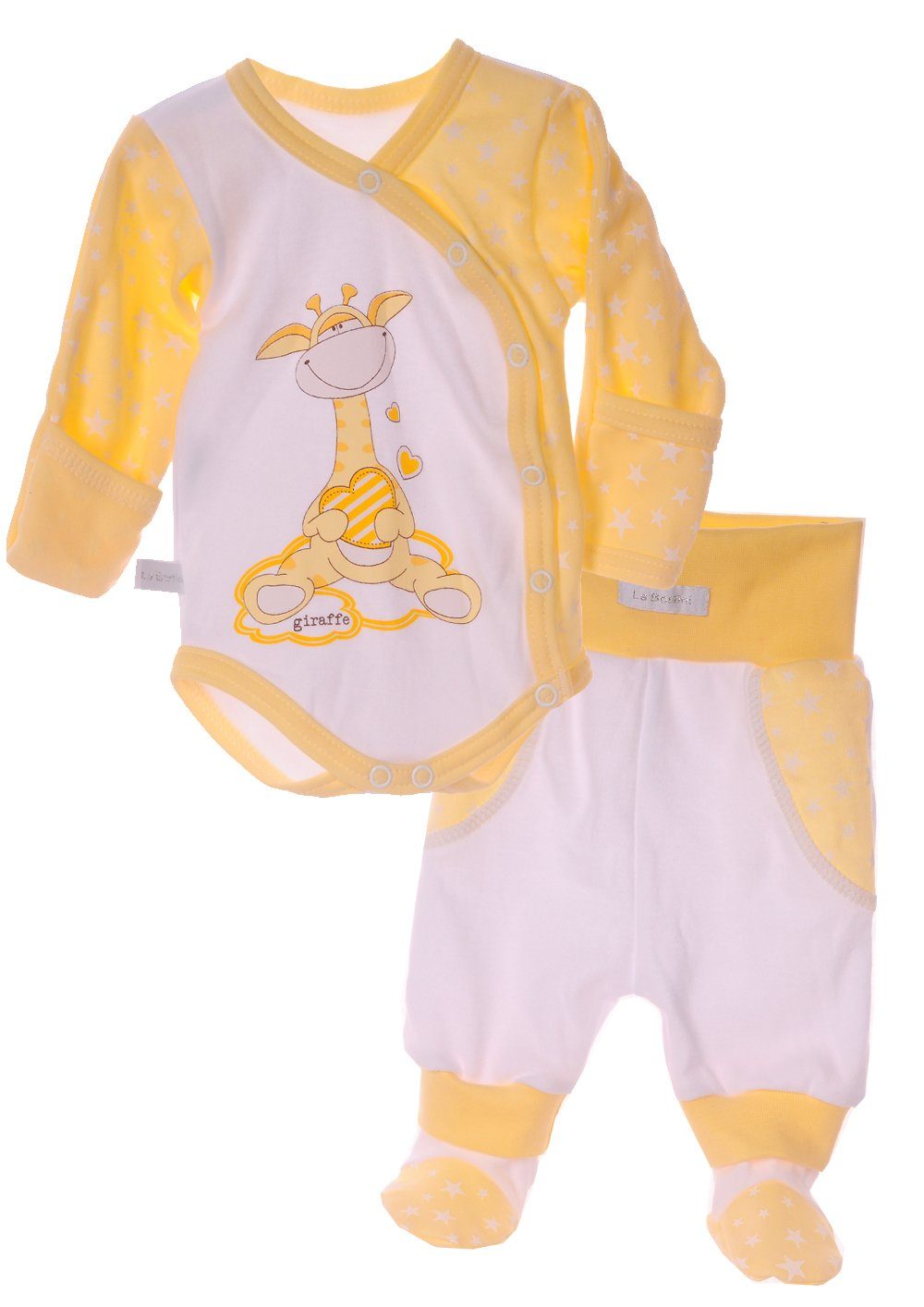 La Bortini Body & Hose Wickelbody Hose Baby Anzug 2tlg Set Body 44 50 56 62 68 74 80 Body mit Giraffen Druck und Sternen Muster
