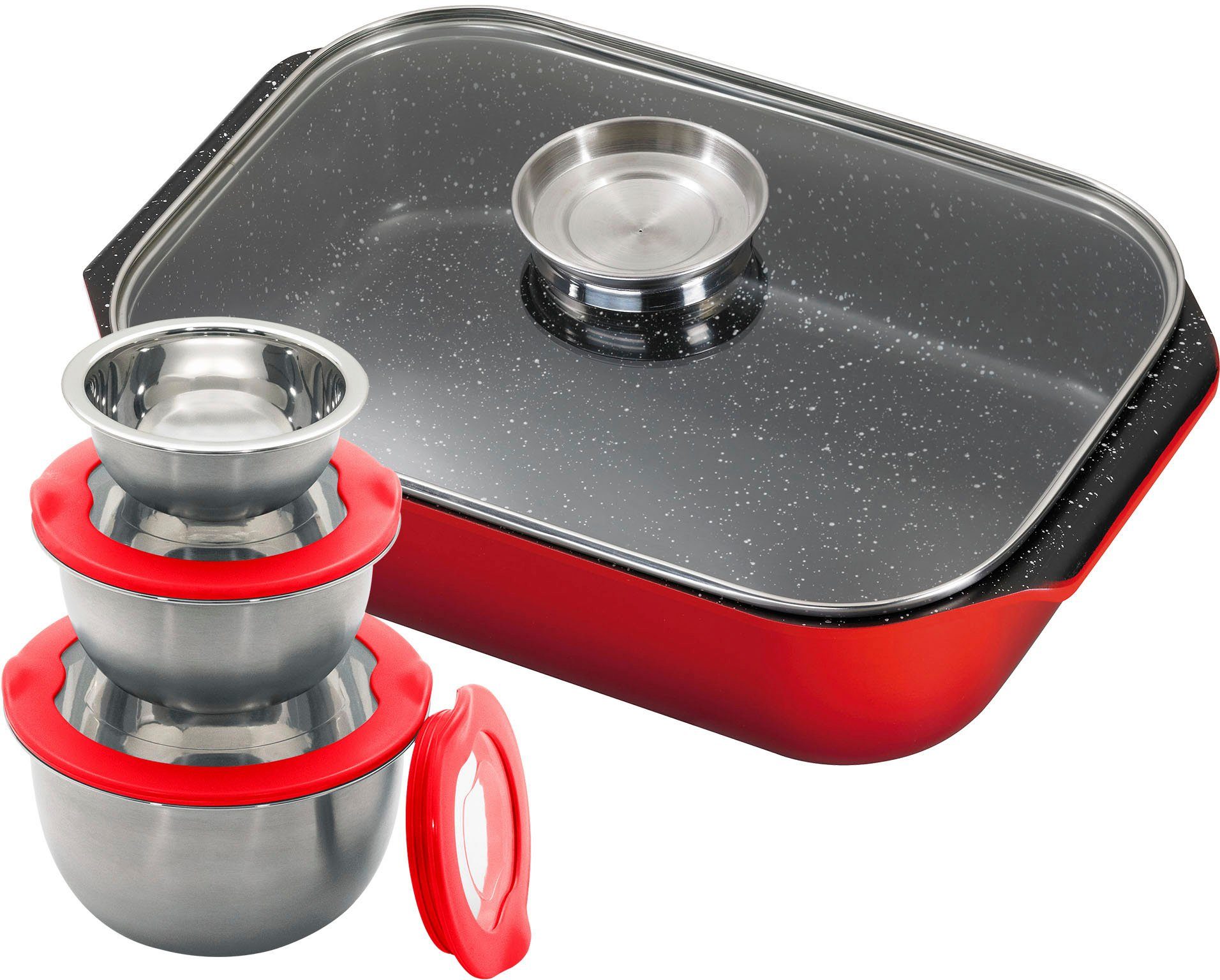 KING Bräter 6L, Aluminiumguss (Set, 8-tlg., 3 Schüsseln mit Deckeln: Ø17.5 Ø14.5 Ø12cm, 40x26cm Aluguss-Bräter), Aromaknopf, mit Glasdeckel, Antihaft-Keramikbeschichtung FUSION