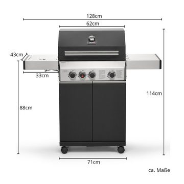 TAINO Gasgrill BLACK 3+1, Gasgrill mit Abdeckhaube und Gasdruckminderer mit Schlauch, Edelstahl-Brenner, Keramik Sear-Burner, Seitenkocher