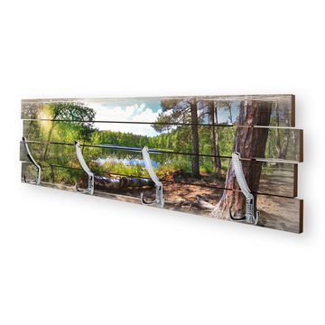 Kreative Feder Wandgarderobe Wandgarderobe "Wald See" aus Holz, im Shabby-Chic-Design farbig bedruckt ca. 30x100cm 4 Doppel-Haken