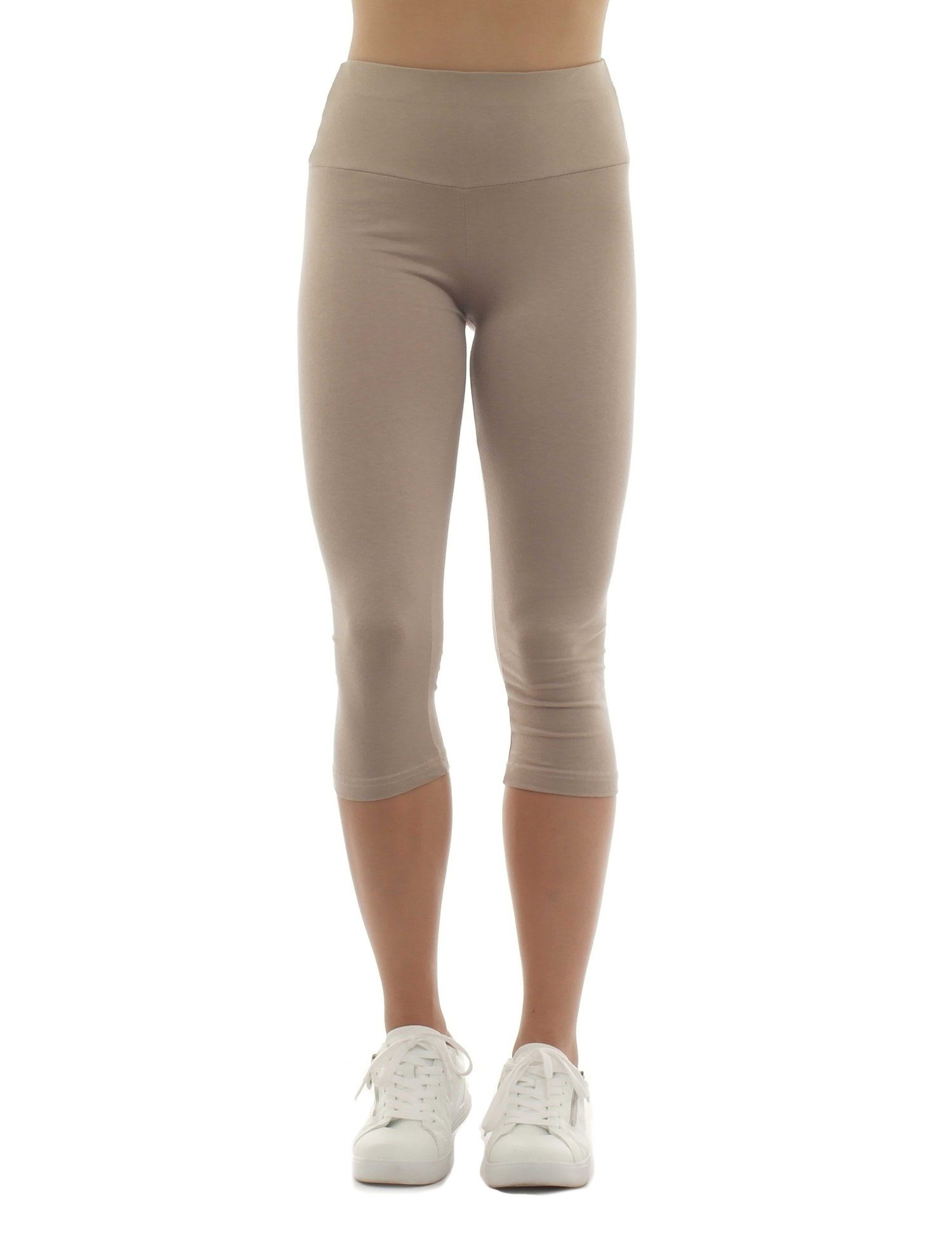 F&K-Mode Caprileggings Damen Capri 3/4 Leggings hoher Bund Baumwolle Hose hoher Bund beige