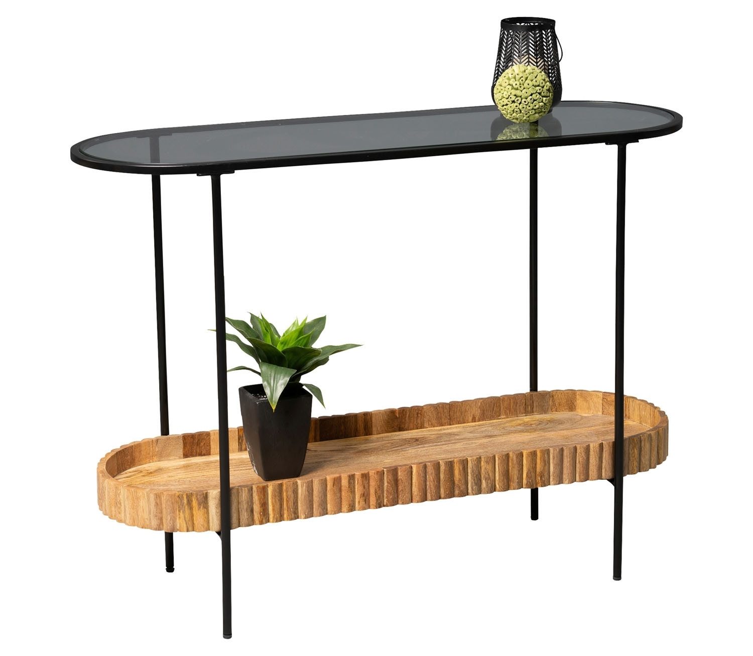 M2 Kollektion Konsolentisch JASON, 107 x 78 cm, Braun, Schwarz, Glasplatte, Metallgestell, Ablageboden aus massivem Mangoholz