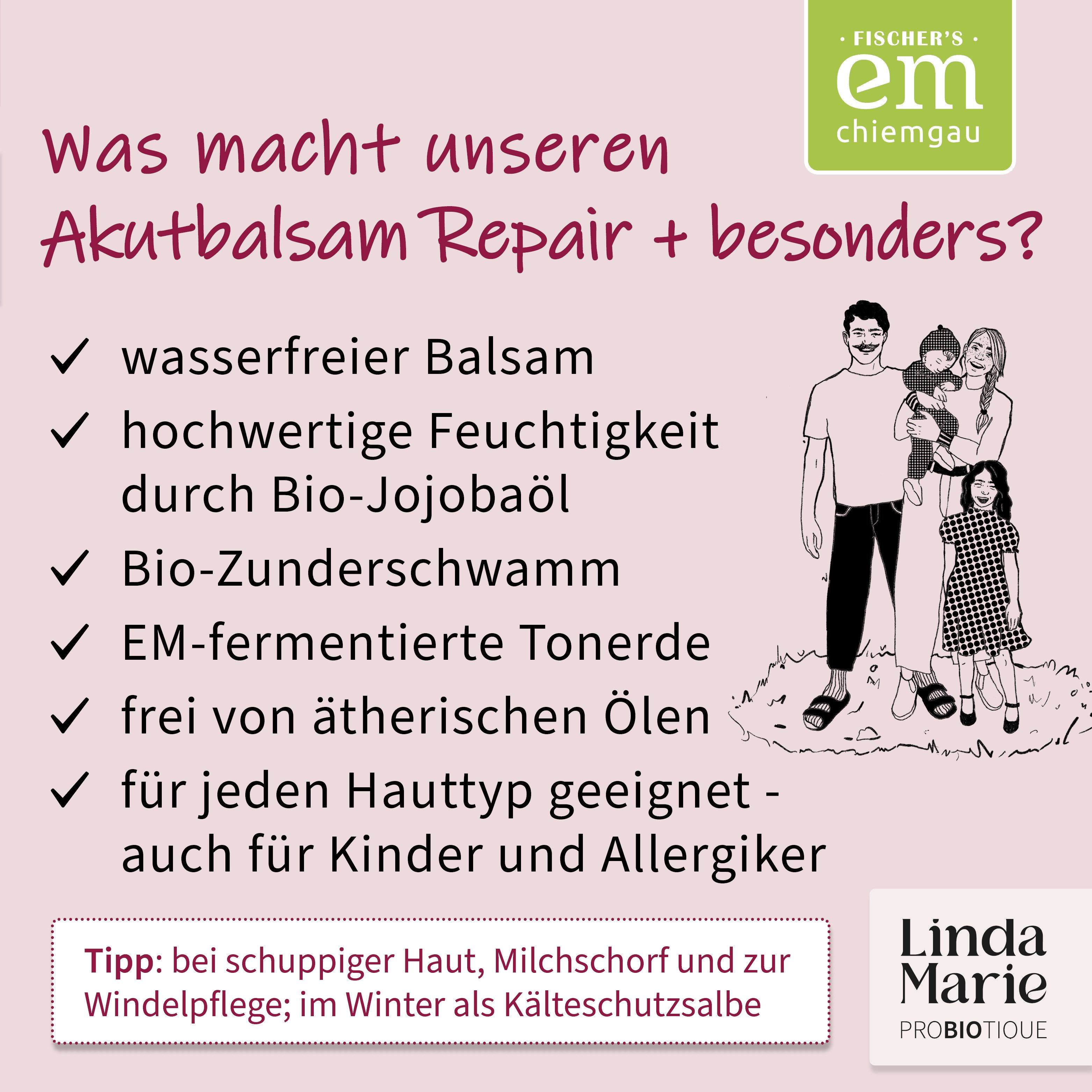 Fischer's EM-Chiemgau Gesichtspflege Linda Marie Probiotique Akutbalsam Repair+, Naturkosmetik Akutbalsam mit Zinkoxid & Zunderschwamm, duftfrei, vegan