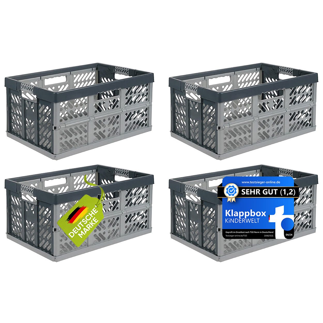 KiNDERWELT Klappbox 4 x stabile Klappbox silber mit Soft-Touch Griffen