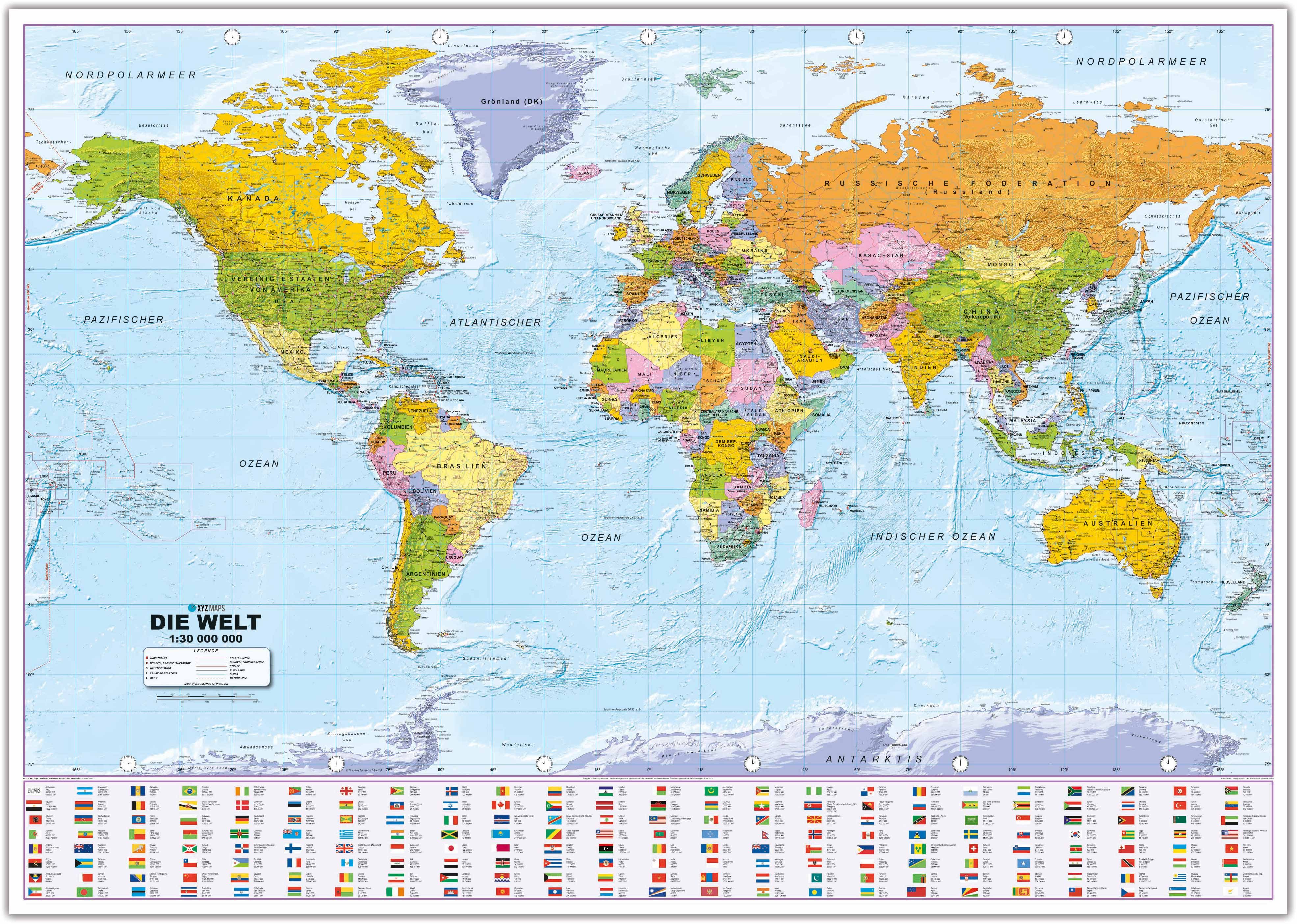 Interkart Landkarten & Globen GmbH Poster Weltkarte in Deutsch mit Flaggen 2025 XXL Format, Oberflächen beschichtetes Poster