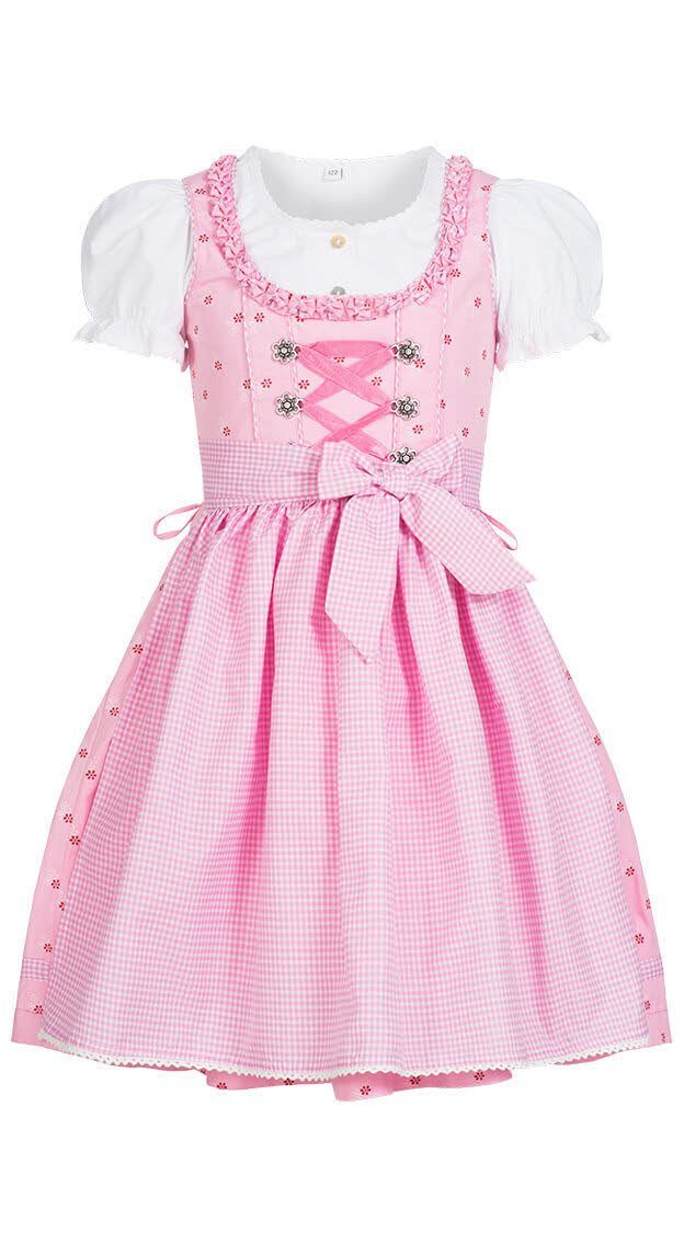 Nübler Dirndl Kinderdirndl Linda in Rosa, 3-teiliges Set - Rocklänge knielang (Dirndl Set LINDA, Dirndl Kleid mit Bluse und Schürze) Kinder Tracht im bayerischen Stil - Trachtenmode Kinder
