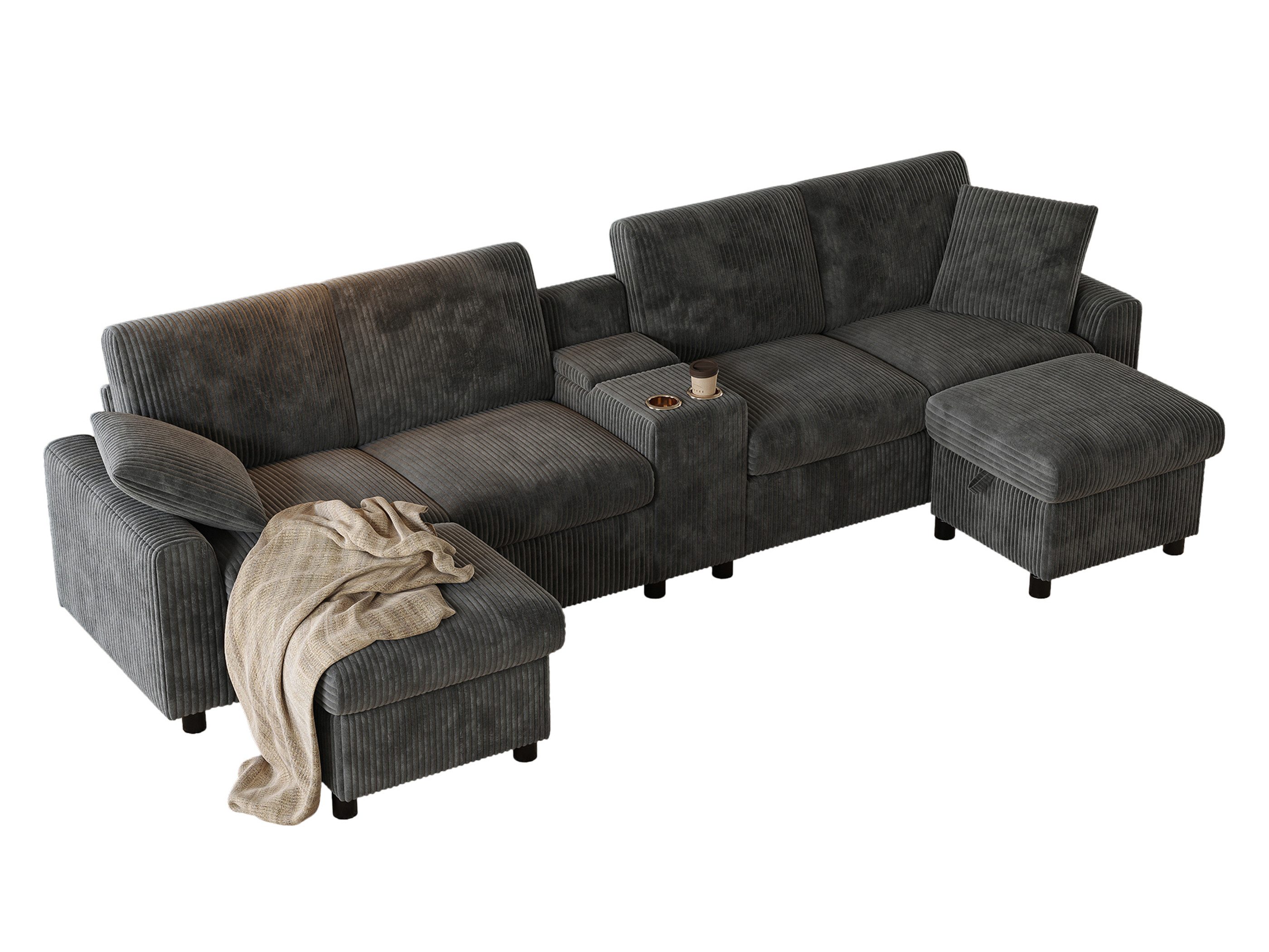 SeedWave Sofa Kordstoff 4-Sitzer Big Sofa, Ladefunktion, Becherhalter, 2 Fußhocker, B:315cm, Versteckter Stauraum an der Mittelarmlehne, 2 Zierkissen