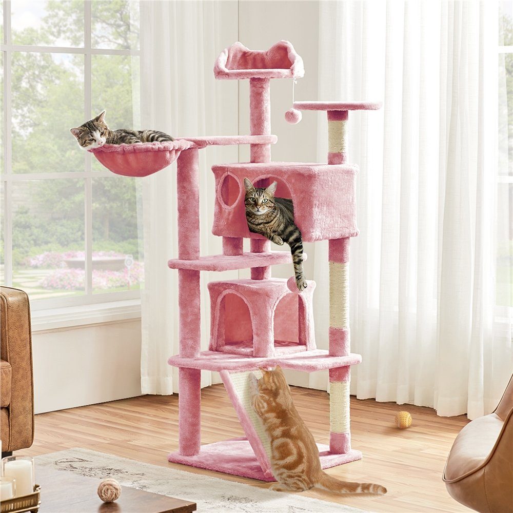 Yaheetech Kratzbaum 146 cm (H), Plüsch Kletterbaum Katzenbaum, mit 3 Aussichtsplattformen, für kleine und mittelgroße Katzen