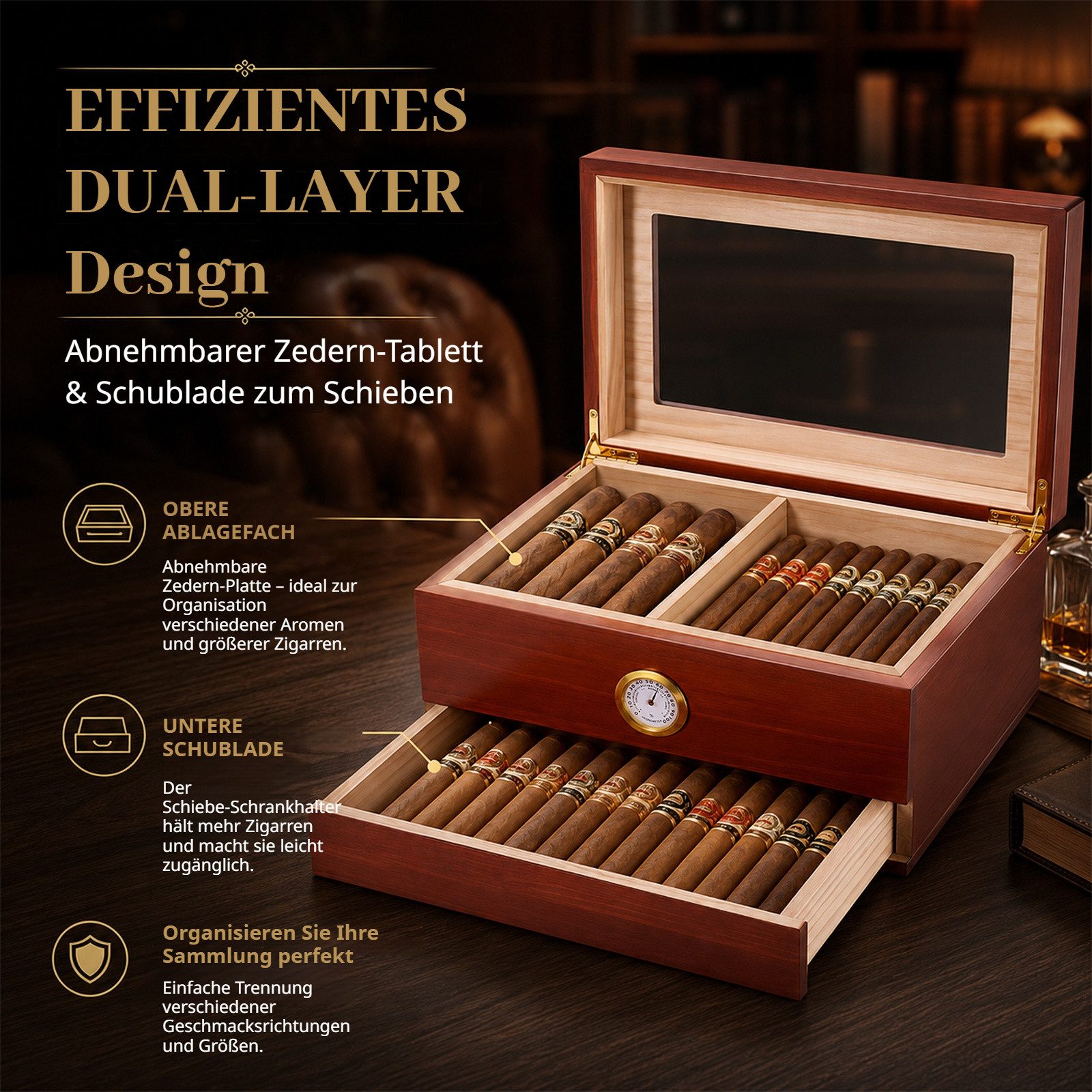 BlingBin Humidor Zigarren Humidor Zeder Desktop Box, Aufbewahrungbox, Zigarrenetui mit Trennwand und Hygrometer, Geschenk für Mann – Bild 3 von 5