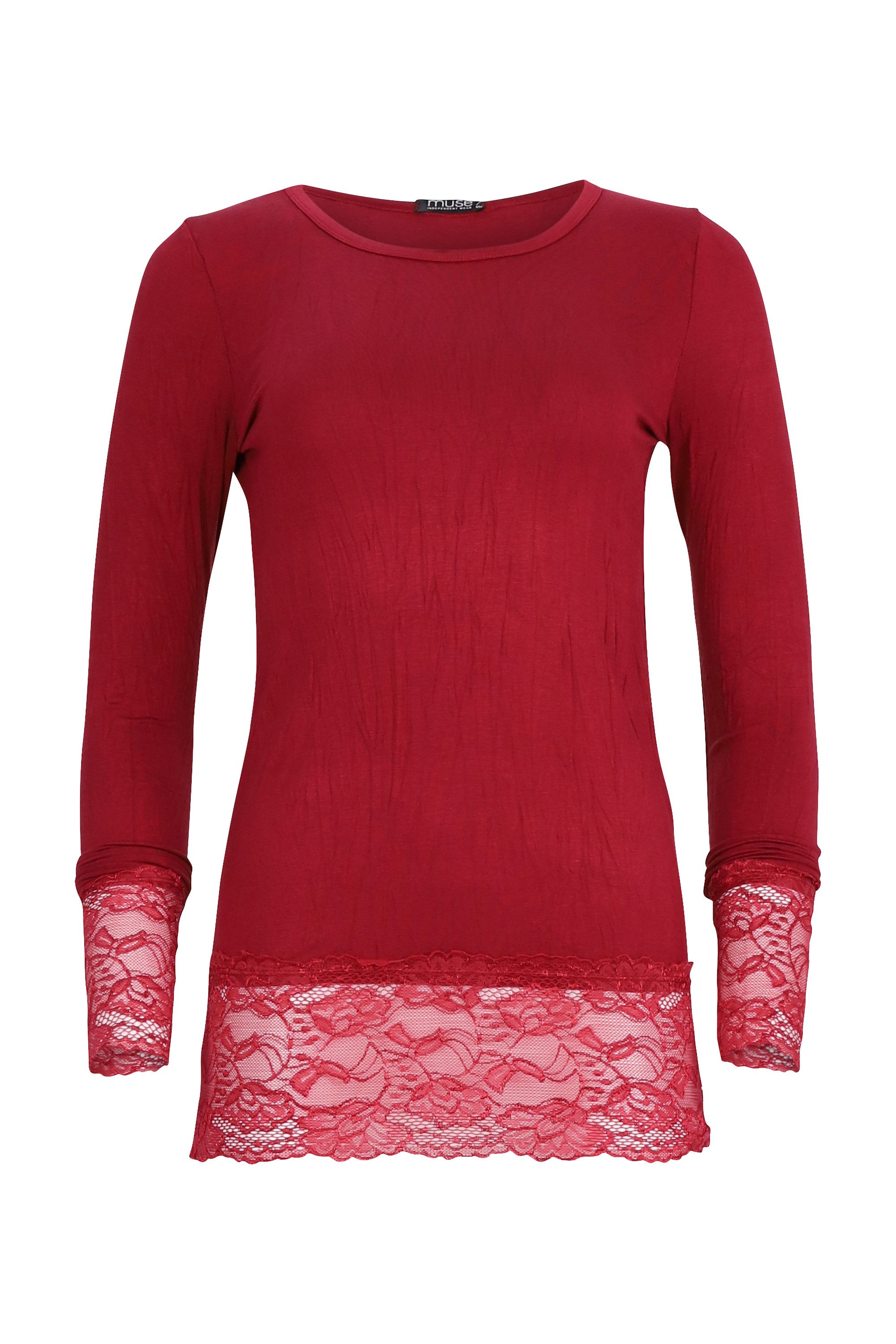 Muse Rundhalsshirt Langarm Longshirt mit Spitzensaum 0998