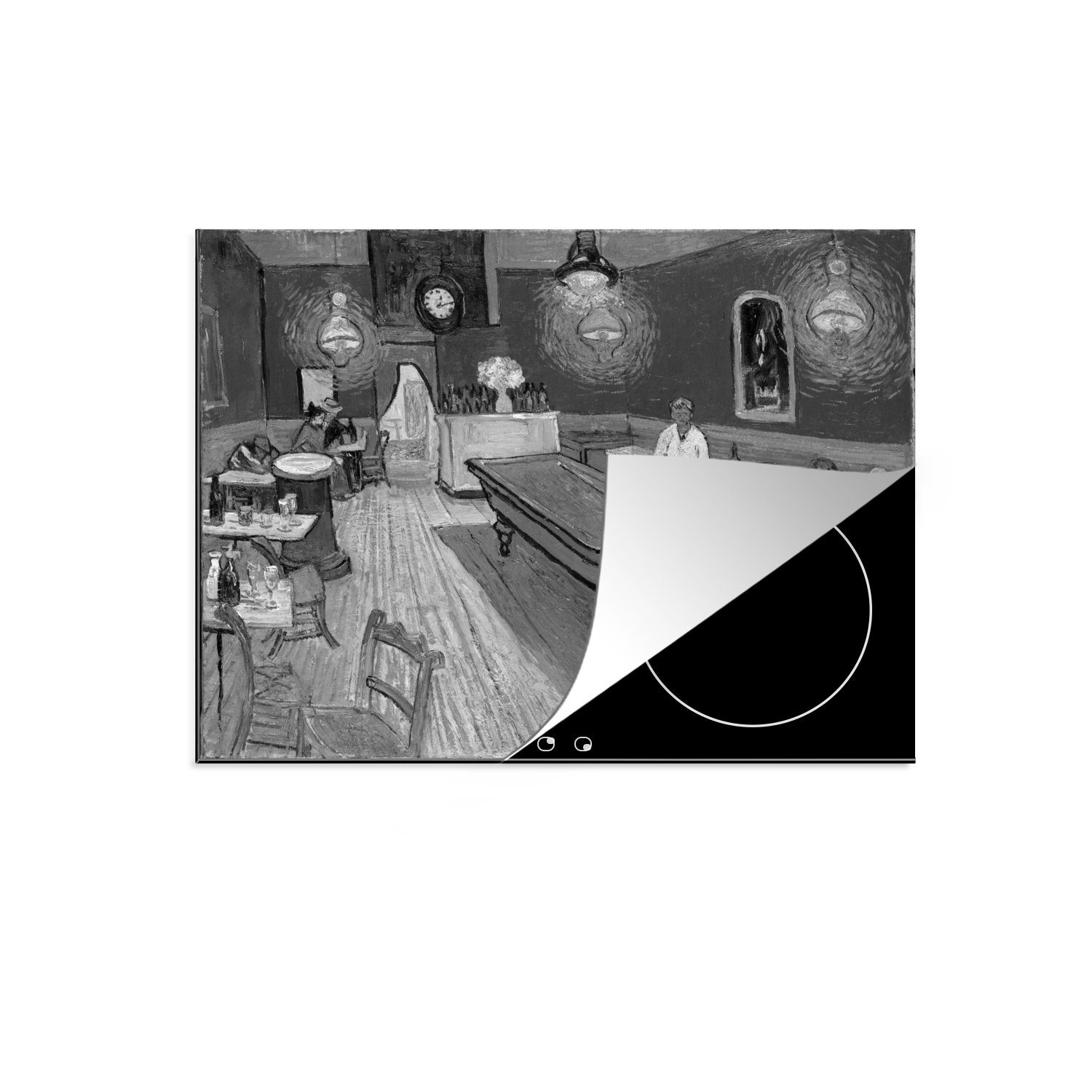 MuchoWow Herdblende-/Abdeckplatte Das Nachtcafé - Vincent van Gogh - Schwarz und Weiß, Vinyl, (1 tlg), 59x52 cm, Ceranfeldabdeckung für die küche, Induktionsmatte