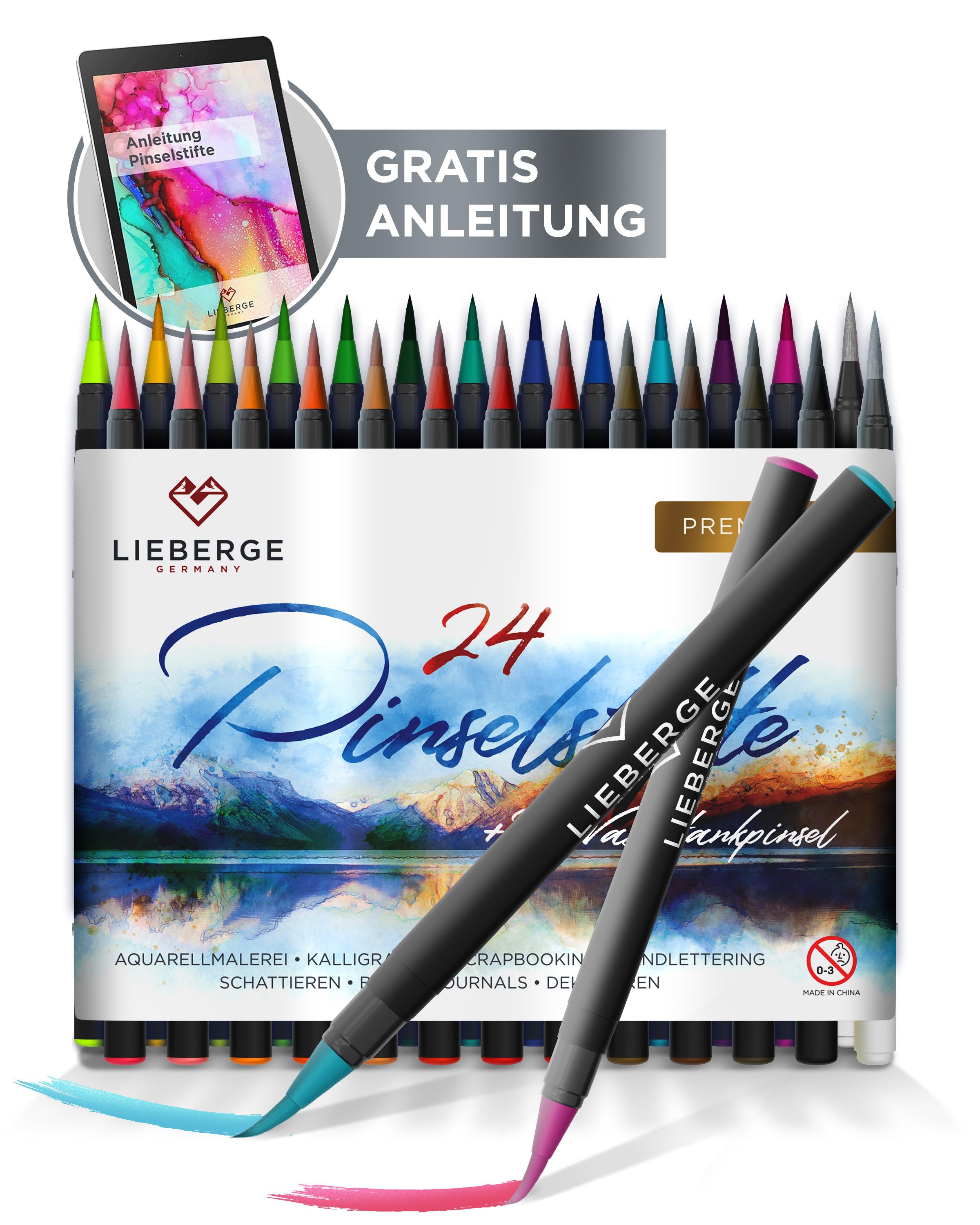LIEBERGE Pinselstift Premium Set 24 Aquarellfarben + 2 Wassertankpinsel, (Set, 26-tlg., 24 Brush Pens, flexible Pinselspitze, intensive Farben), flexible Pinselspitze, 2 Wassertankpinsel, EN 71 geprüft, Wasserbasis