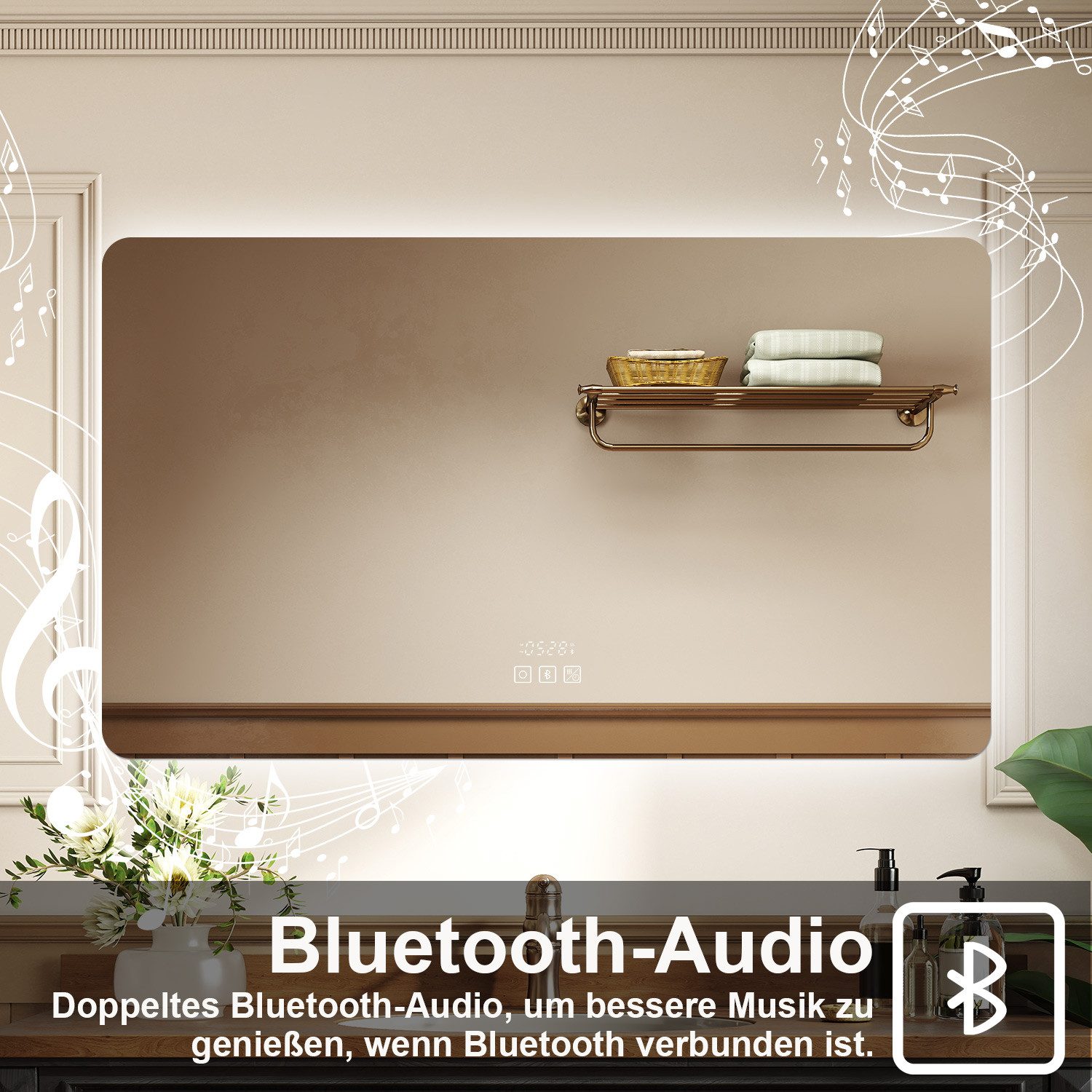 duschspa Badspiegel mit LED Beleuchtung Kalt/Neutral/Warmweiß dimmbar Beschlagfrei, Bluetooth 5.0, Uhr