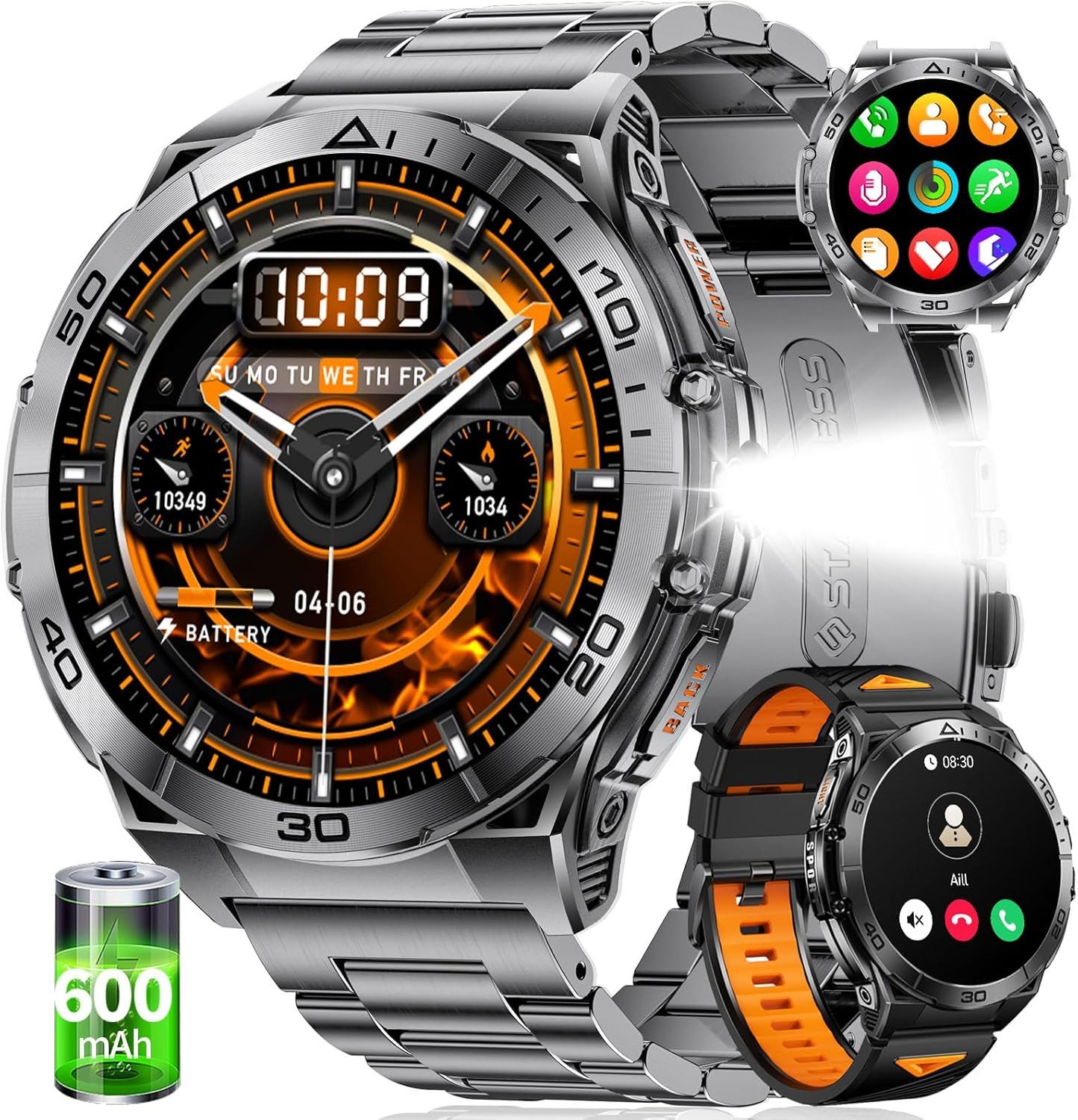 SUNKTA EF16-A Smartwatch (4 cm, android ios), Smartwatch mit AMOLED Display Taschenlampe Bluetooth Telefonie Fitness