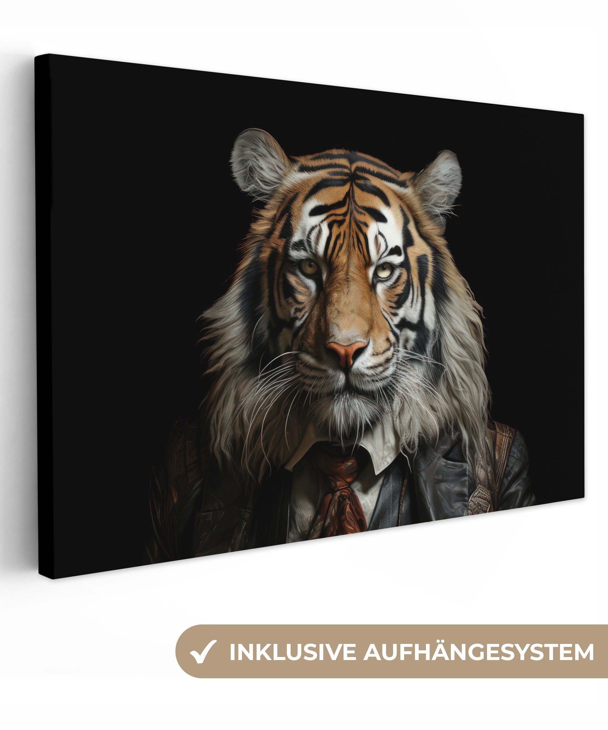 OneMillionCanvasses® Leinwandbild Tiger - Porträt - Schwarz - Tier - Braun, Fotodruck (1 St), Leinwand Bilder Klein, Wand Dekoration Aesthetic 30x20 cm