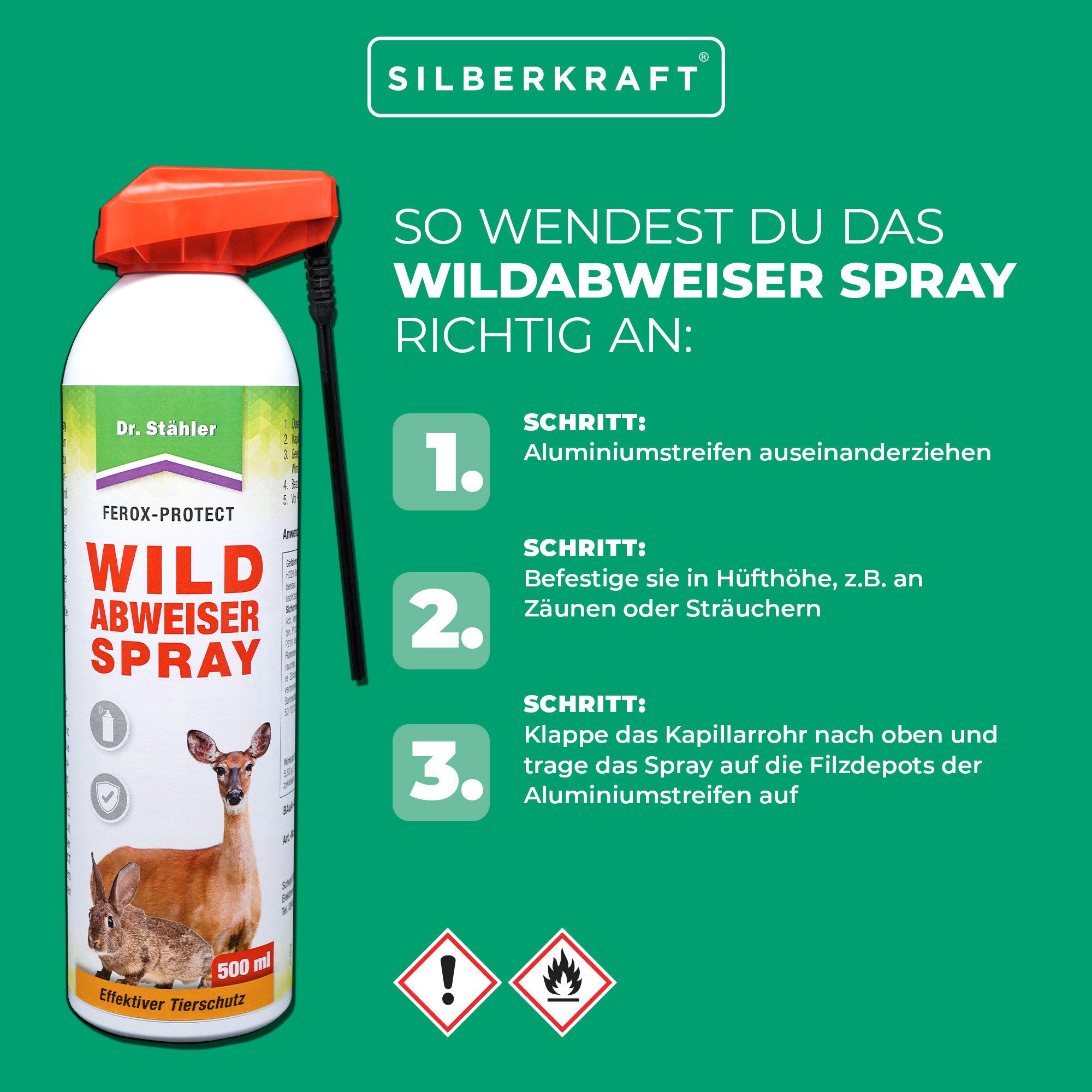 Dr. Stähler Vergrämungsmittel Wildabweiser Spray - Schutz vor Wildtieren auf dem Grundstück, 500 ml, Effektiver Schutz vor Wildtieren Rehen, Hirschen und Kaninchen, 1-St., Wirkt durch Geruch und Bewegung hält Wildtiere fern schützt Pflanzen, Effektiver Schutz Einfache Anwendung Vielseitig einsetzbar