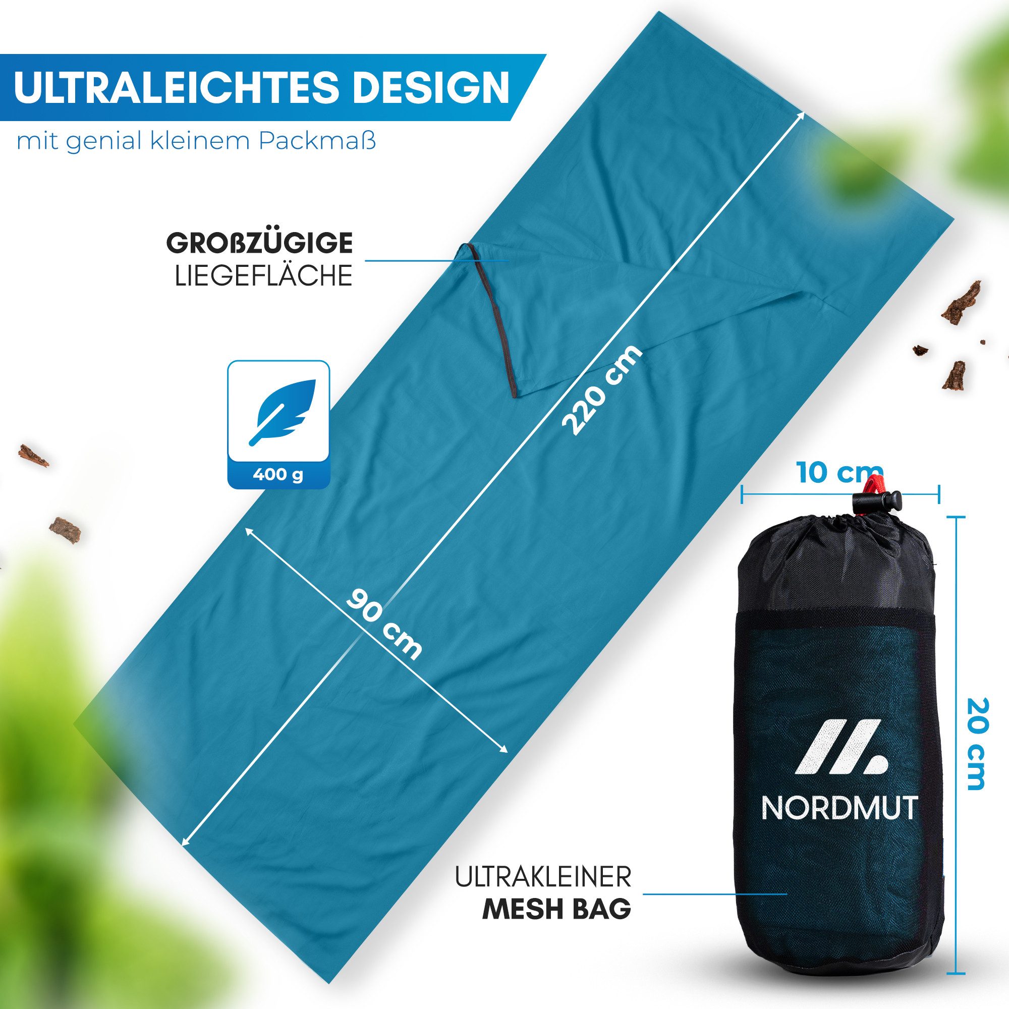 Nordmut Innenschlafsack NORDMUT® Hüttenschlafsack Ultraleicht [220 x 90 cm], YKK-Zipper, Durchgängiger Reißverschluss, Kissenfach
