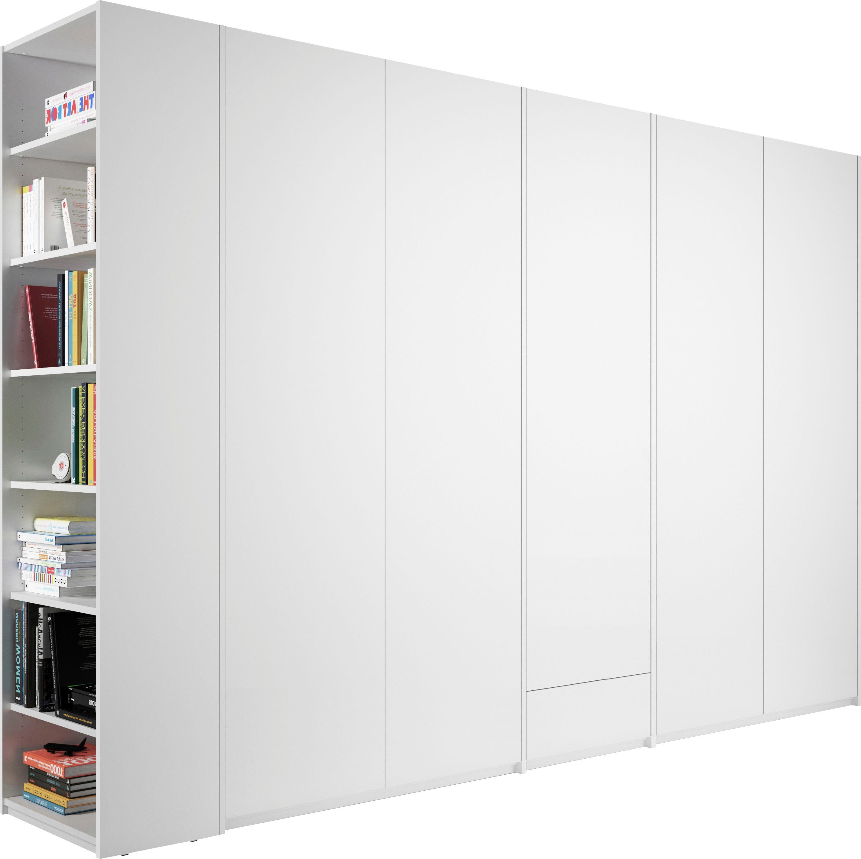 Müller SMALL LIVING Drehtürenschrank Modular Plus Variante 9 Schublade im Mittelelement, Anbauregal rechts oder links montierbar weiß | weiß | Drehtürenschränke