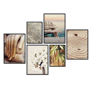 murimage® Poster murimage® Premium Poster Set OHNE Bilderrahmen 6 Poster (4x DINA4 & 2x DINA5) Buddha Bambus Boho Meer Steg Sunset Meditation Ornament Mosaik Yoga Thailand Bali Schlafzimmer Wohnzimmer Zen