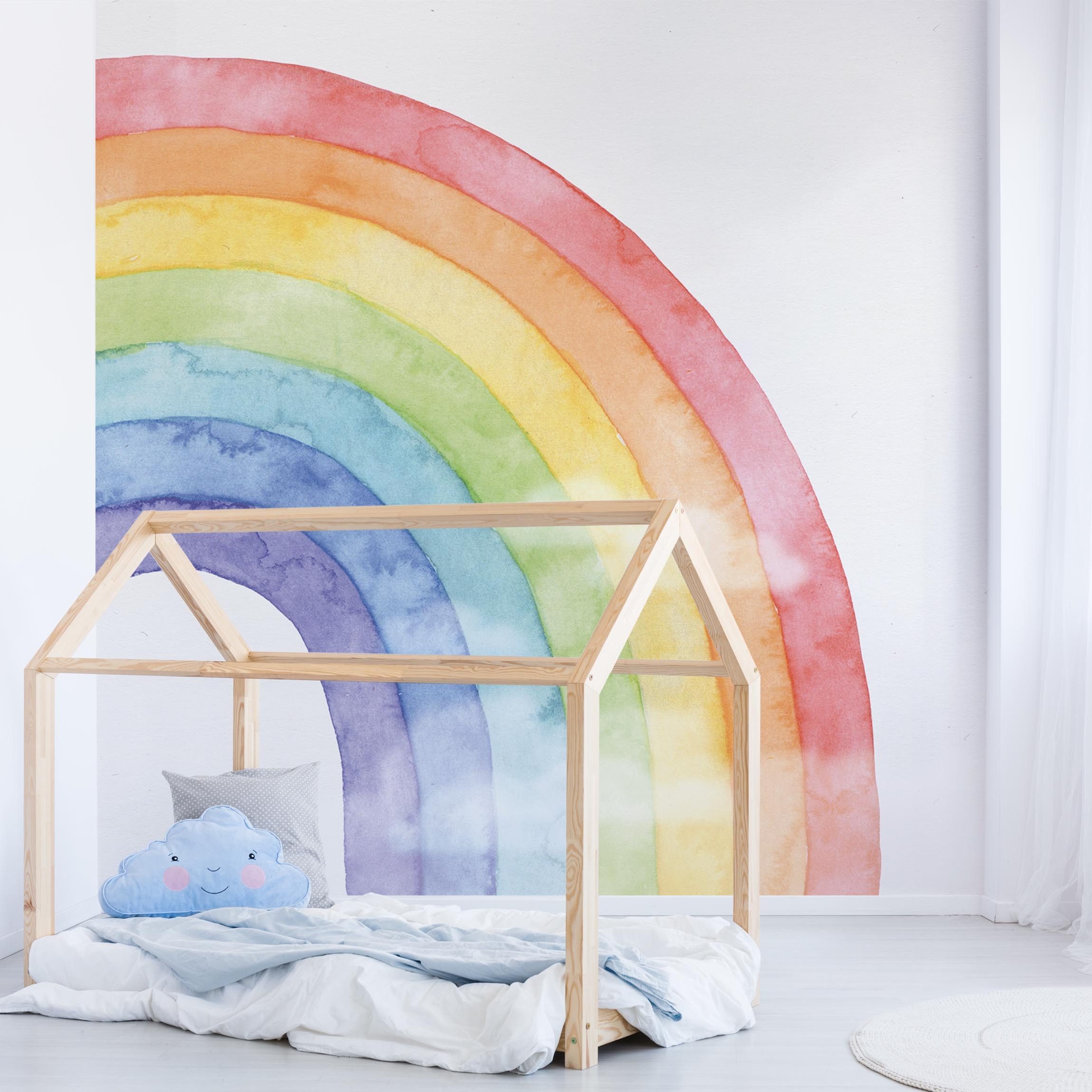 Kindertapete Regenbogen Wolken Wasserfarben Kinder Kunst bunt moderne Wanddeko XXL