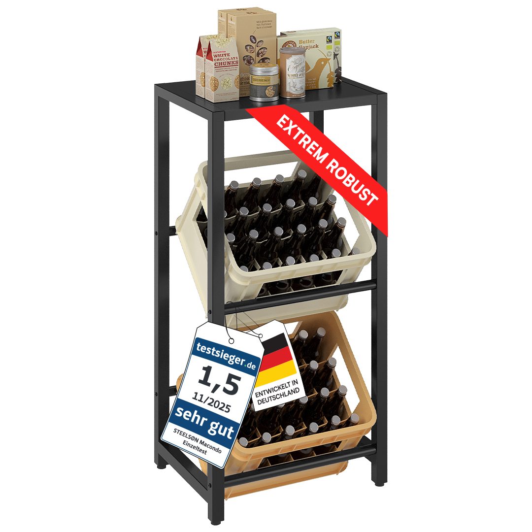 STEELSØN Flaschenregal Macondo mit Ablage, 2 Kisten, Getränkekistenregal aus Metall, auch verfügbar für 4 & 6 Kisten