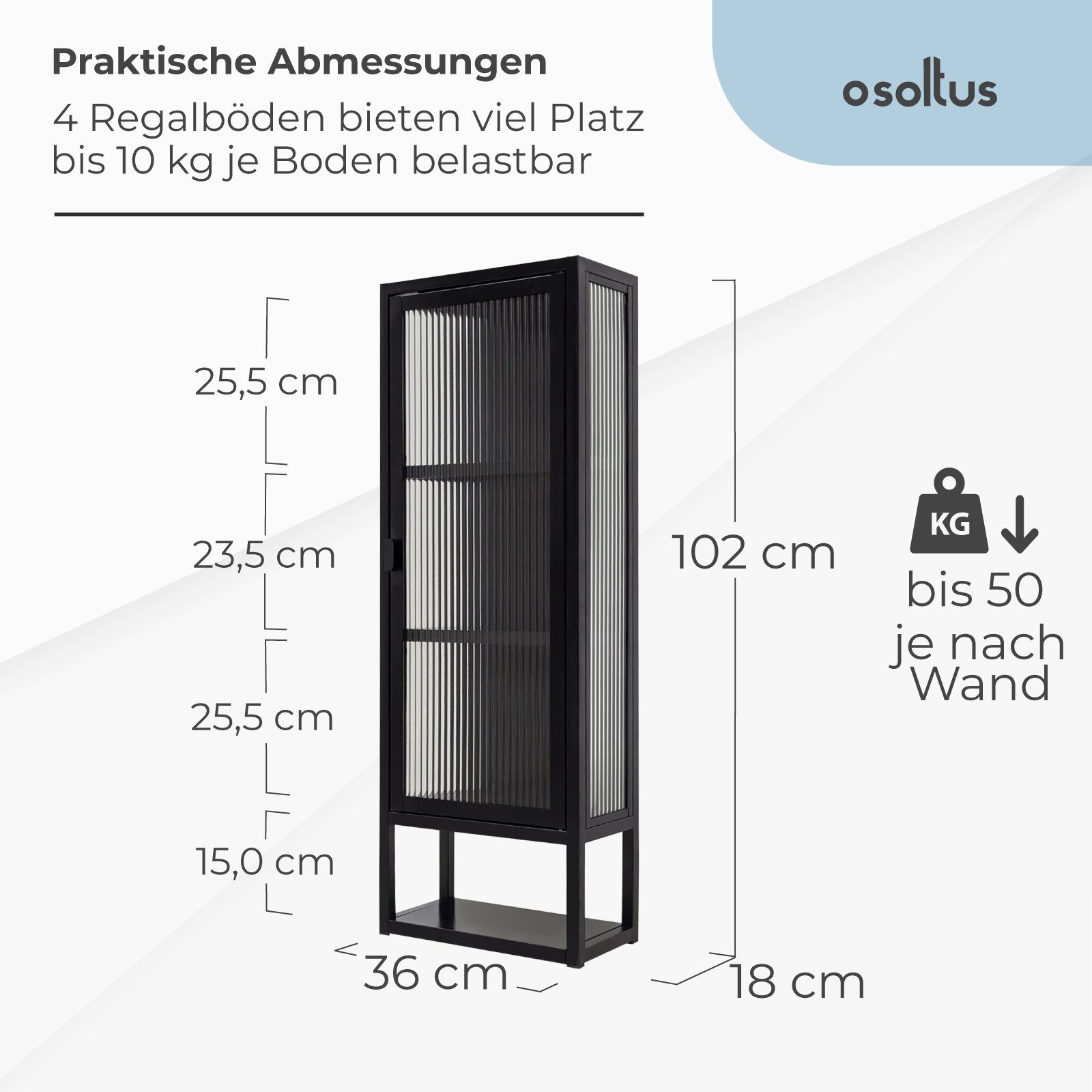osoltus Sideboard osoltus Wandschrank Riffelglas Stahl Regal cube Schwarz Industrial