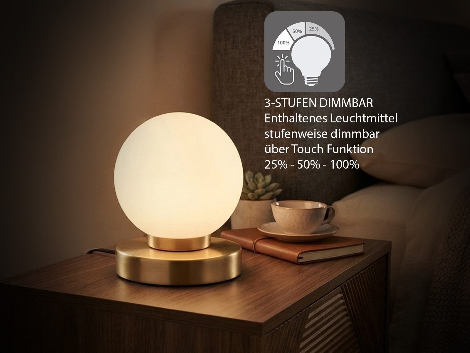 Reality Leuchten LED Nachttischlampe touch Kugel-Lampe, Höhe 15cm, dimmbar, LED wechselbar, Warmweiß, kleine Tischlampe mit Glas-Kugel, Tischleuchte inkl. E14 L – Bild 3 von 5