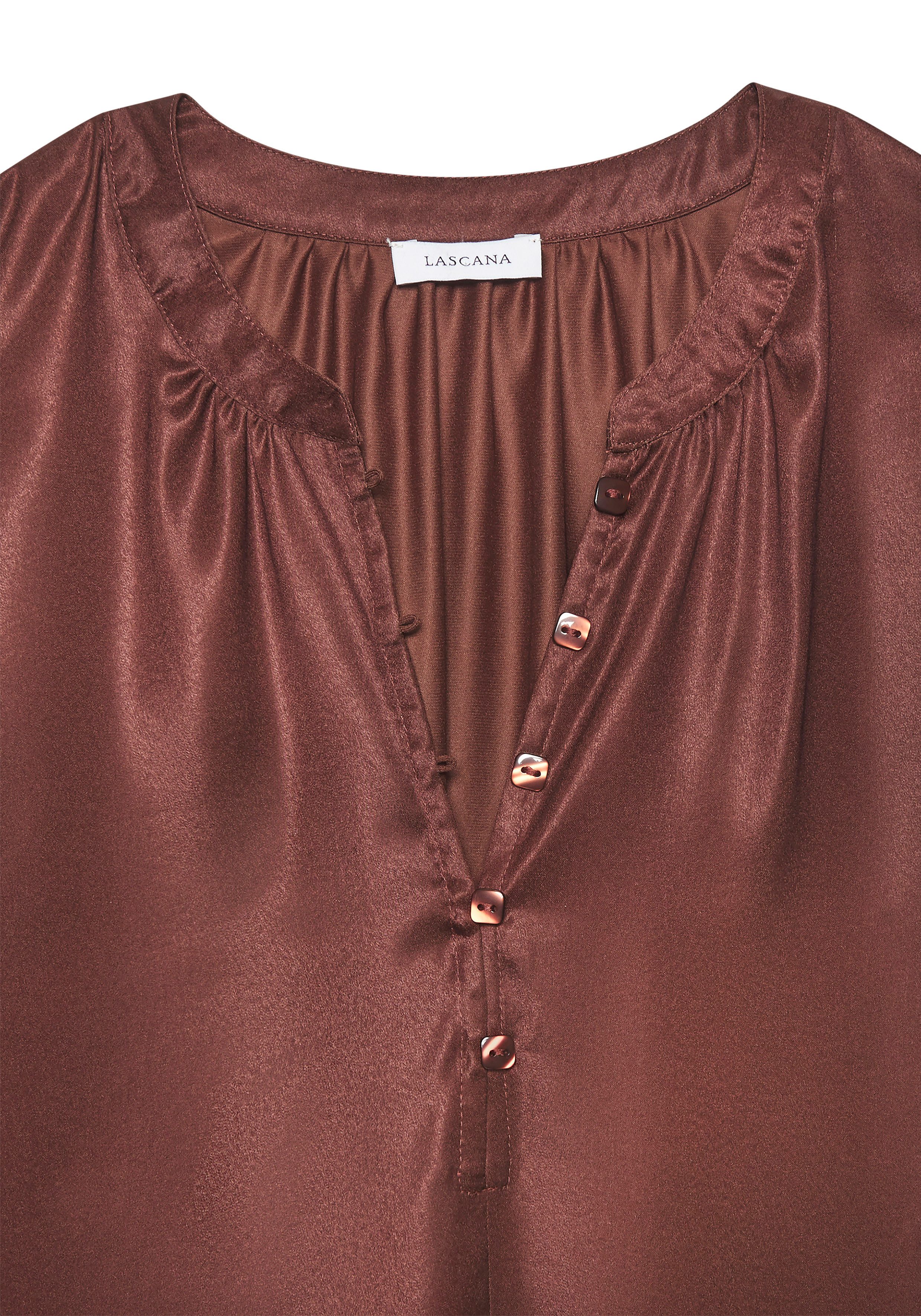 LASCANA Satinbluse mit kurzen Ärmeln und kleiner Knopfleiste Kurzarmbluse mit lockerer Passform, Partyshirt, Blusenshirt, festlich – Bild 5 von 5
