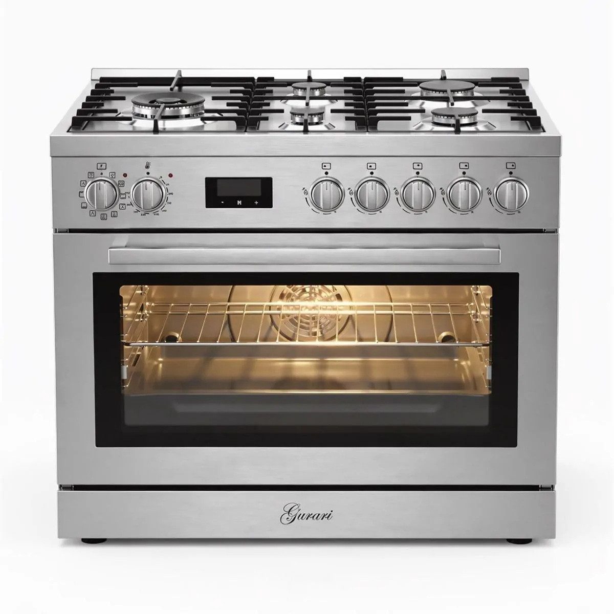 GURARI Gas-Standherd Edelstahl Gas Elektro Standherd 90 cm 126 L Erdgas Fl.Gas 4 Kw WOK,Selbstreinigung GCH E 818 X+Grillplatte, mit 1-fach-Teleskopauszug