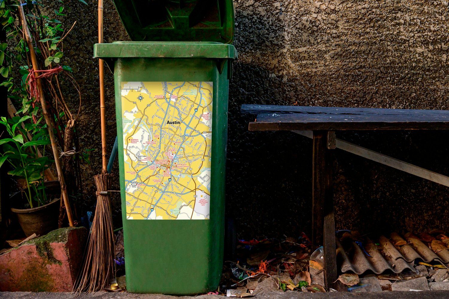 in Sticker, MuchoWow einer Abfalbehälter Texas Mülleimer-aufkleber, Karte Austin (1 von Illustration Container, Mülltonne, St), Wandsticker