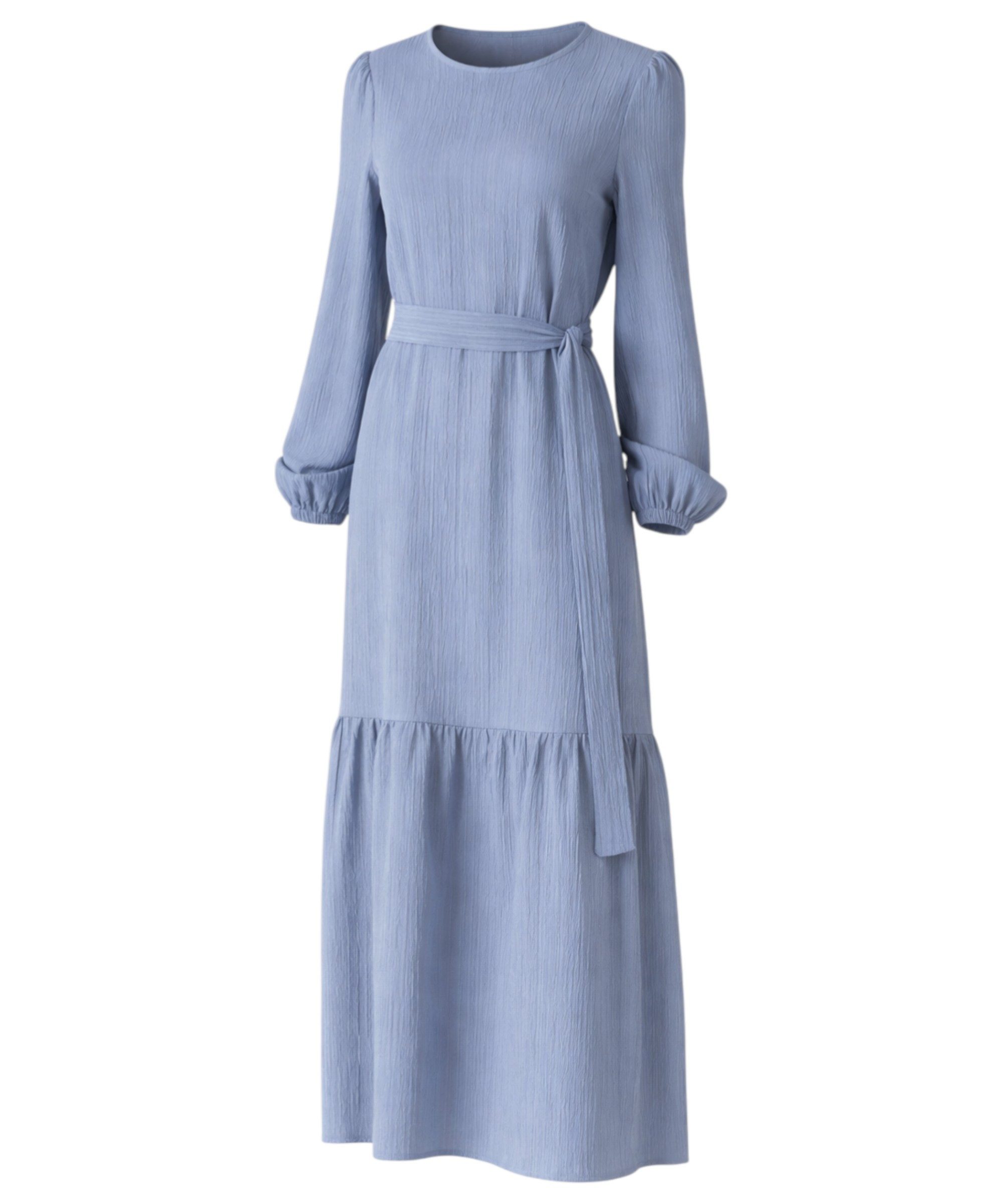 fashionshowcase Maxikleid Damen Crinkle Kleid mit Gürtel, Ballonärmel, 140 cm, Gr. 36–46 Mit Bindegürtel in Taille und dezentem Volant am Saum