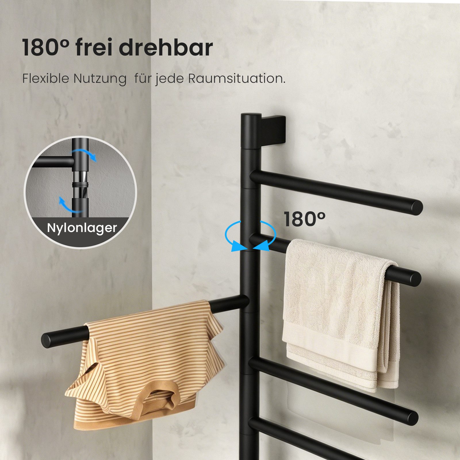 MEYKOERS Heizkörper Elektrischer Handtuchtrockner Drehbaren Heizarmen mit Smart-Steuerung, 180° schwenkbar, 135W, Kohlefaser-Heiztechnologie