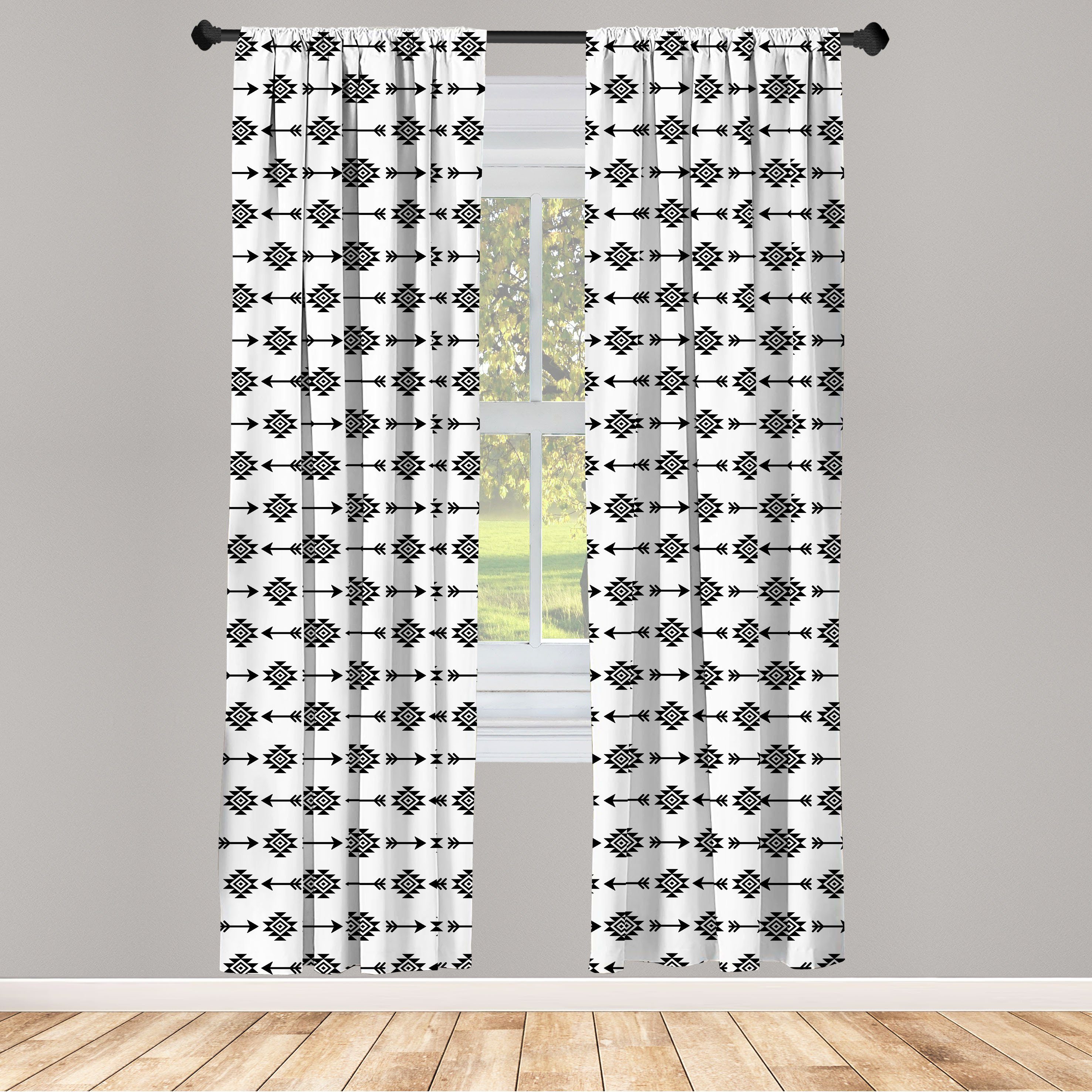 Gardine Vorhang für Wohnzimmer Schlafzimmer Dekor, Abakuhaus, Microfaser, Ethnisch Monochrome Repetitive Motive