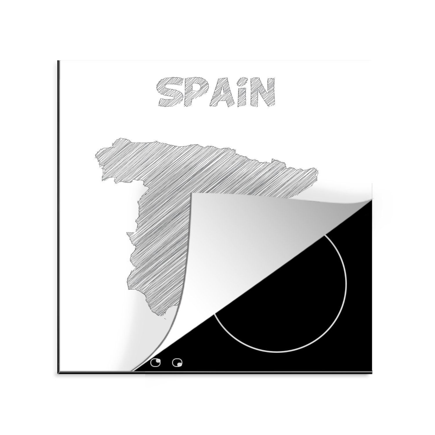 MuchoWow Herdblende-/Abdeckplatte Schwarz-Weiß-Abbildung einer Skizze von Spanien, Vinyl, (1 tlg), 78x78 cm, Ceranfeldabdeckung, Arbeitsplatte für küche