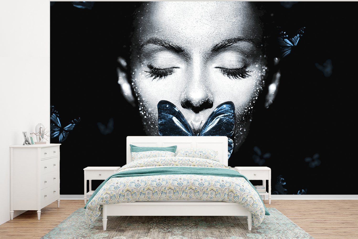 MuchoWow Fototapete Frau - Schmetterling - Luxus, Matt, bedruckt, (6 St), Wallpaper für Wohnzimmer, Schlafzimmer, Kinderzimmer, Vinyl Tapete