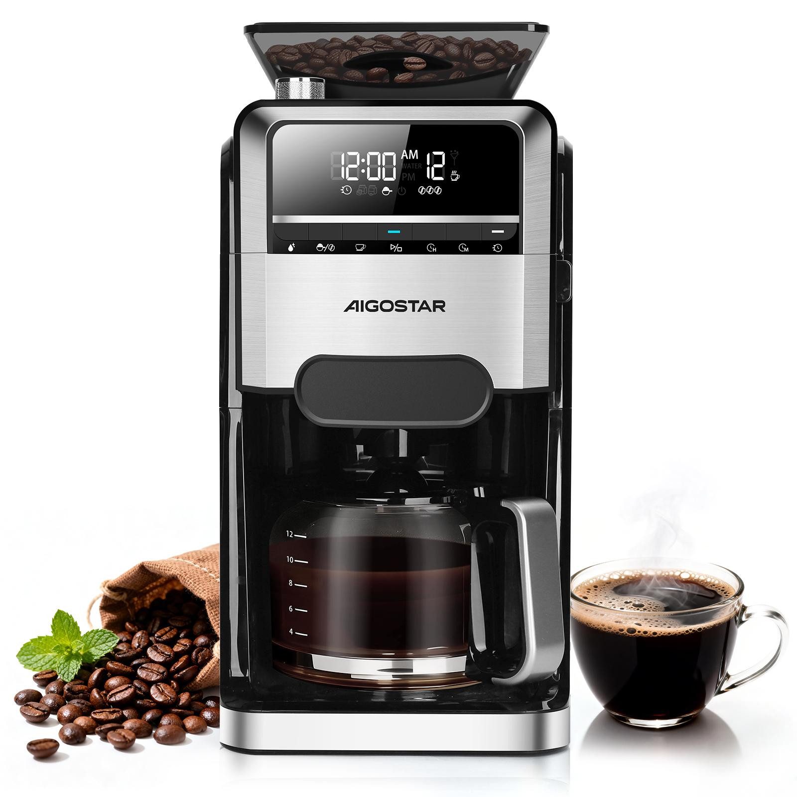 Aigostar Kaffeemaschine mit Mahlwerk 12 Tassen Filterkaffeemaschine, 7 Mahlgrade, 3 Brühstärken, 24H Timer, 1.5l Kaffeekanne, Wiederverwendbare Filter, Warmhaltefunktion, Selbstreinigungsfunktion, Intelligente Erinnerung