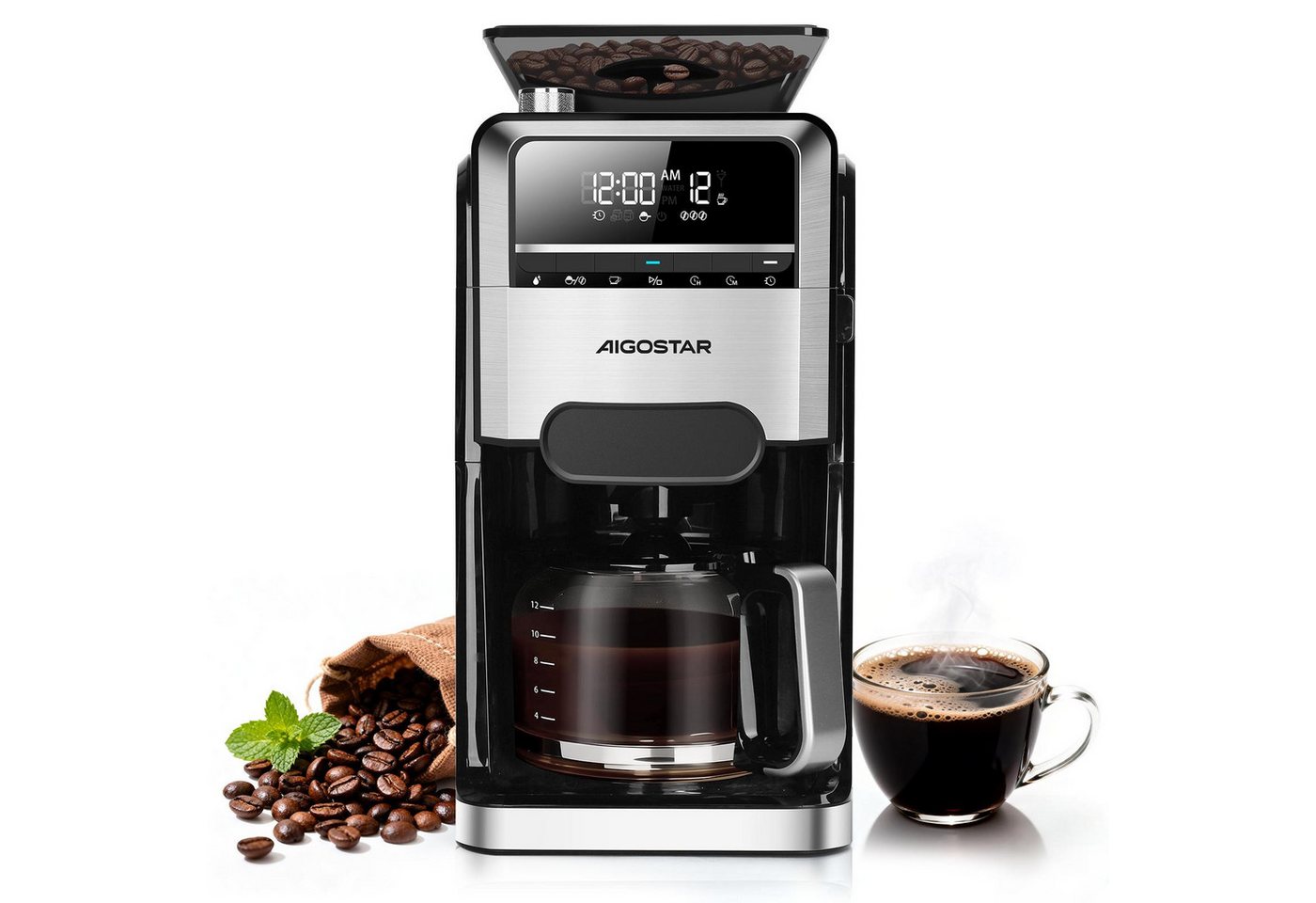 Aigostar Kaffeemaschine mit Mahlwerk, 1.5l Kaffeekanne, Wiederverwendbare Filter, Warmhaltefunktion, Selbstreinigungsfunktion, Intelligente Erinnerung
