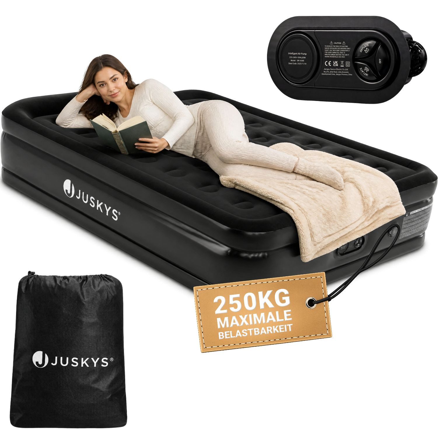 Juskys Luftmatratze Sapri, Doppel-Luftbett, selbstaufblasend, wasserdicht, inkl. Pumpe, Tasche